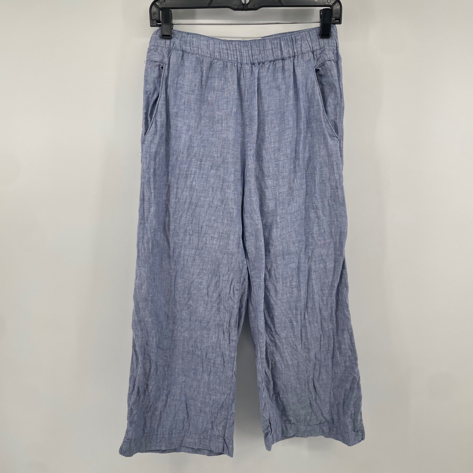 Cynthia Rowley Pants Womens S Blue Linen Wide Leg Cropped Elastic Waist Pockets
