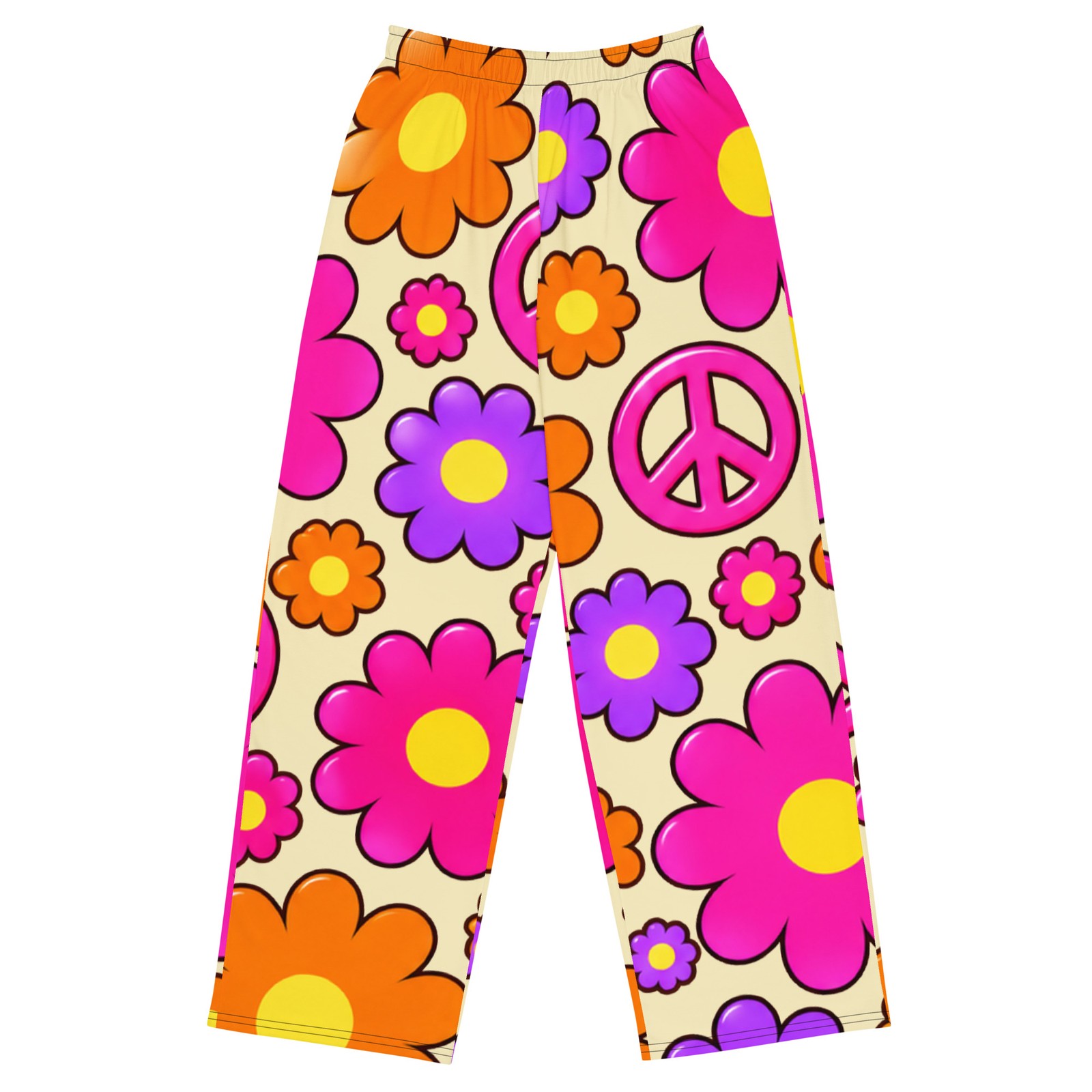 Groovy Flower Power Wide Leg Pants Buttercream Yellow 70s Hippie Peace Signs