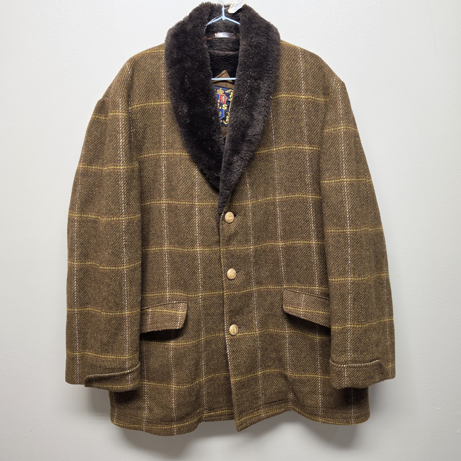 Vintage H.I.S. Sportswear Mens Plaid Windowpane Tweed Lined Coat Size 44 Regular