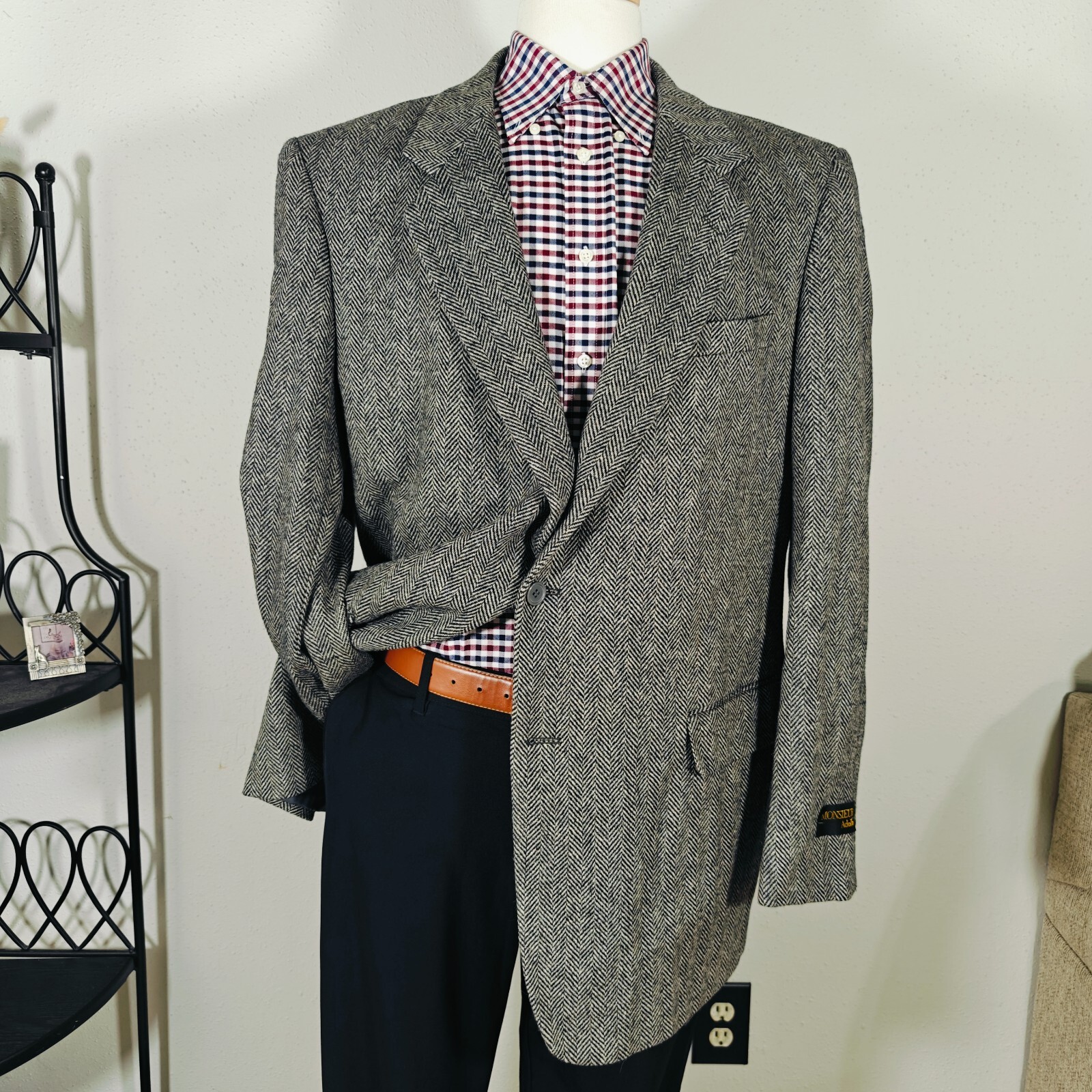 Monsieur Adolfo Men\'s Tweed Sport Coat Blazer Two Button Gray Herringbone 46L