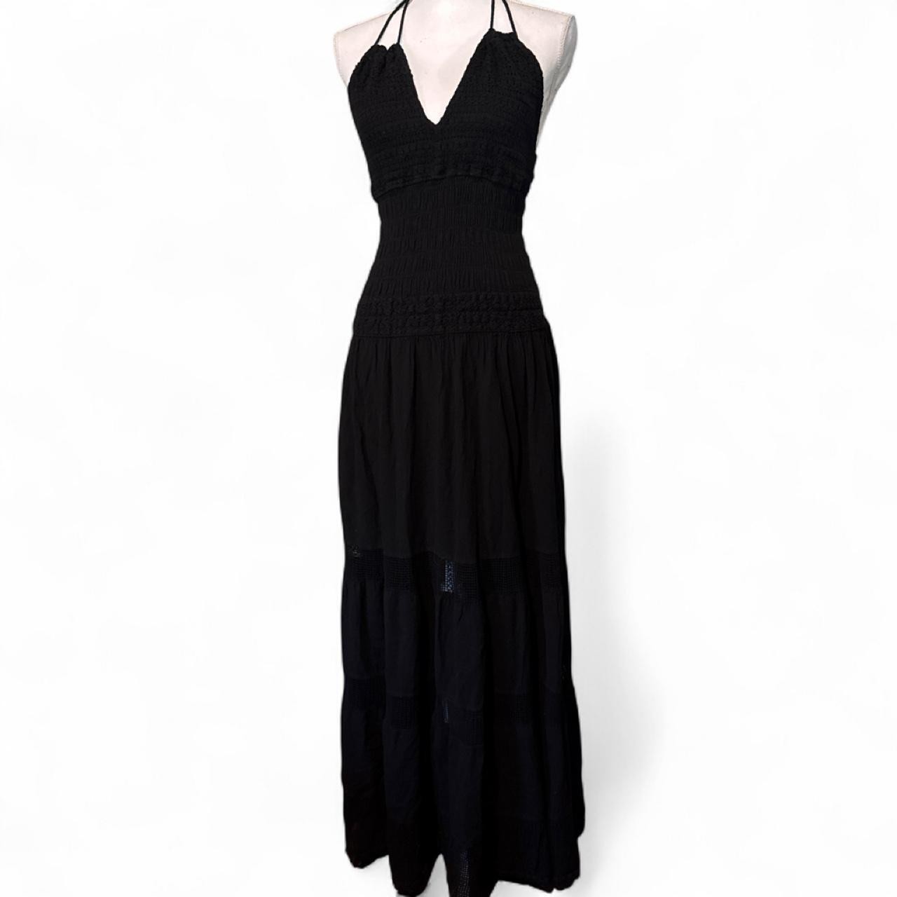 Blanco By Nature Black Halter Maxi Dress Size L 100% Cotton Goth Crochet Smocked