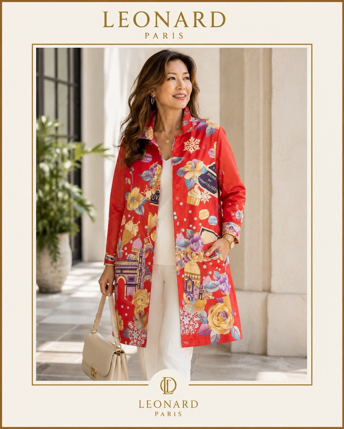 Leonard Paris Parisian Them Red Floral Windbreaker Long Coat