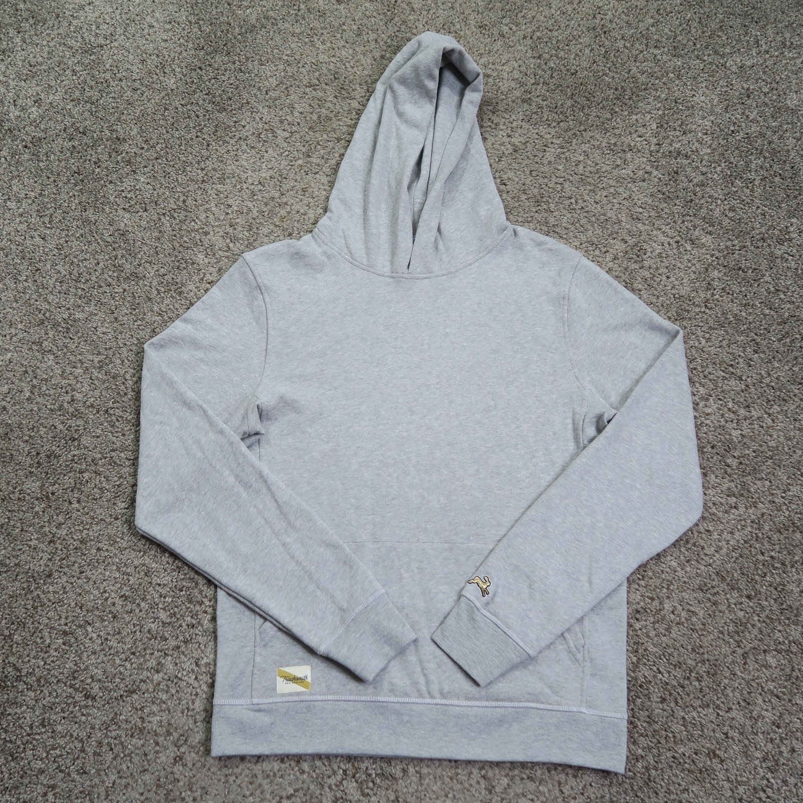 Tracksmith Hoodie Mens Medium Gray Logo Fleece Pullover Running Sweatshirt