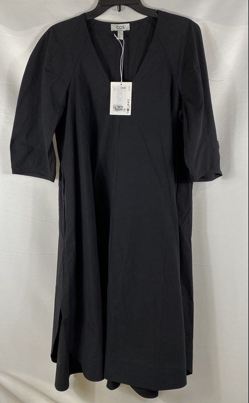 COS Women\'s Black Cotton V-Neck Puff Sleeve Midi Dress NWT Sz 8