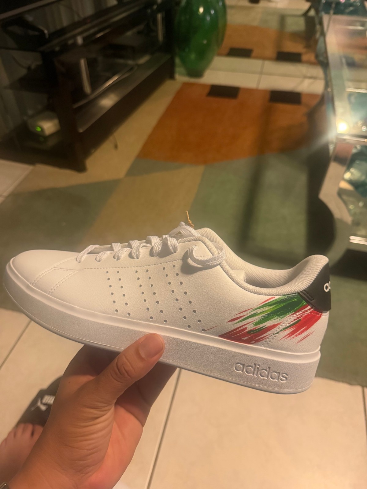 adidas Advantage 2.0 White Custom Hand-Painted Red Green Sneakers Mens US 10
