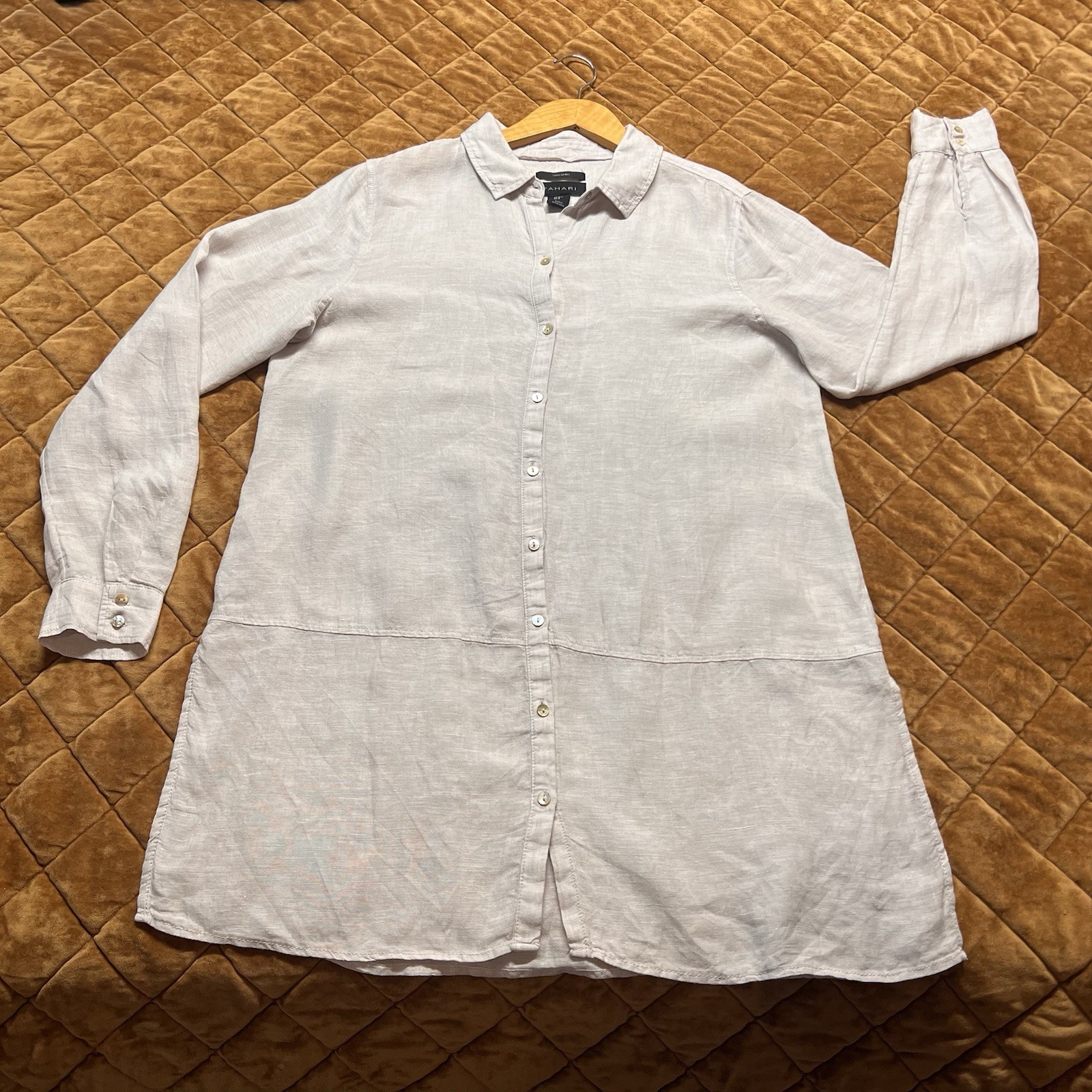 Tahari 100% Linen Shirt Dress Womens M Gray Button Front Long Sleeve Tunic