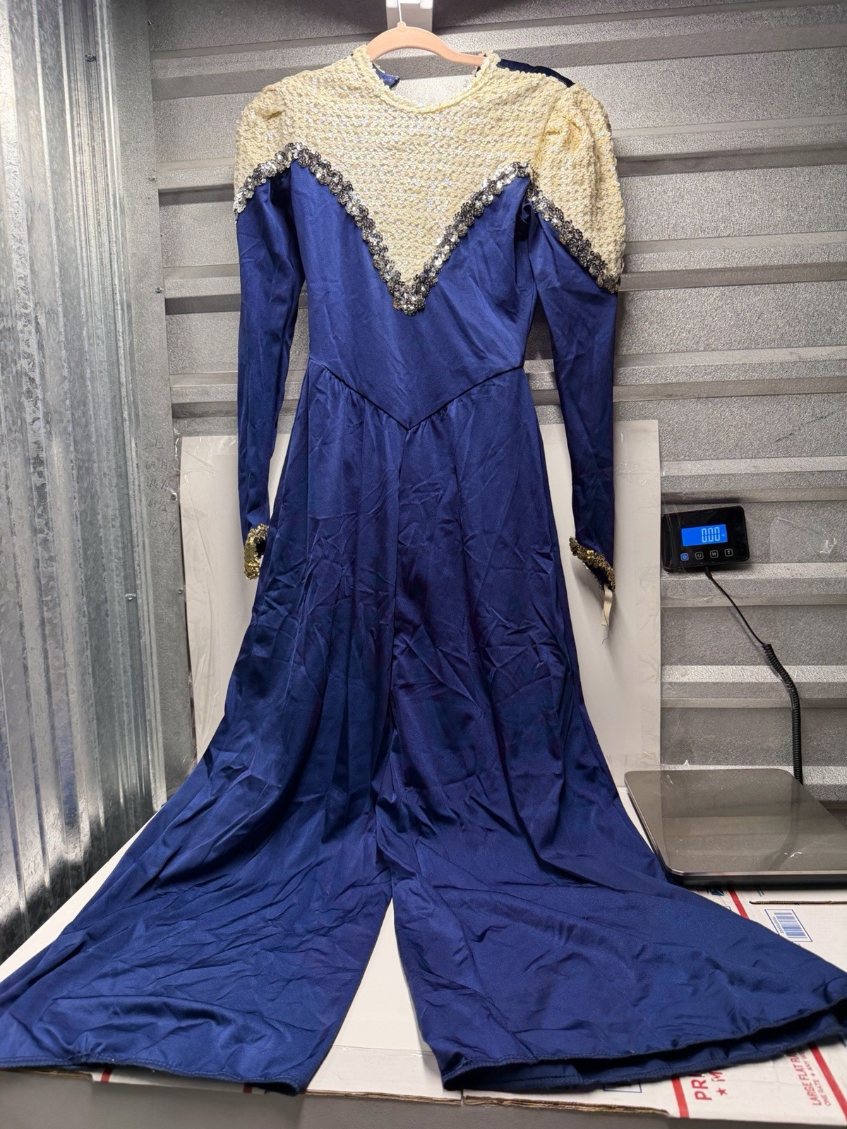 Blue Sequin Long Sleeve Maxi Evening Gown Gold Silver Embellished Formal Dress