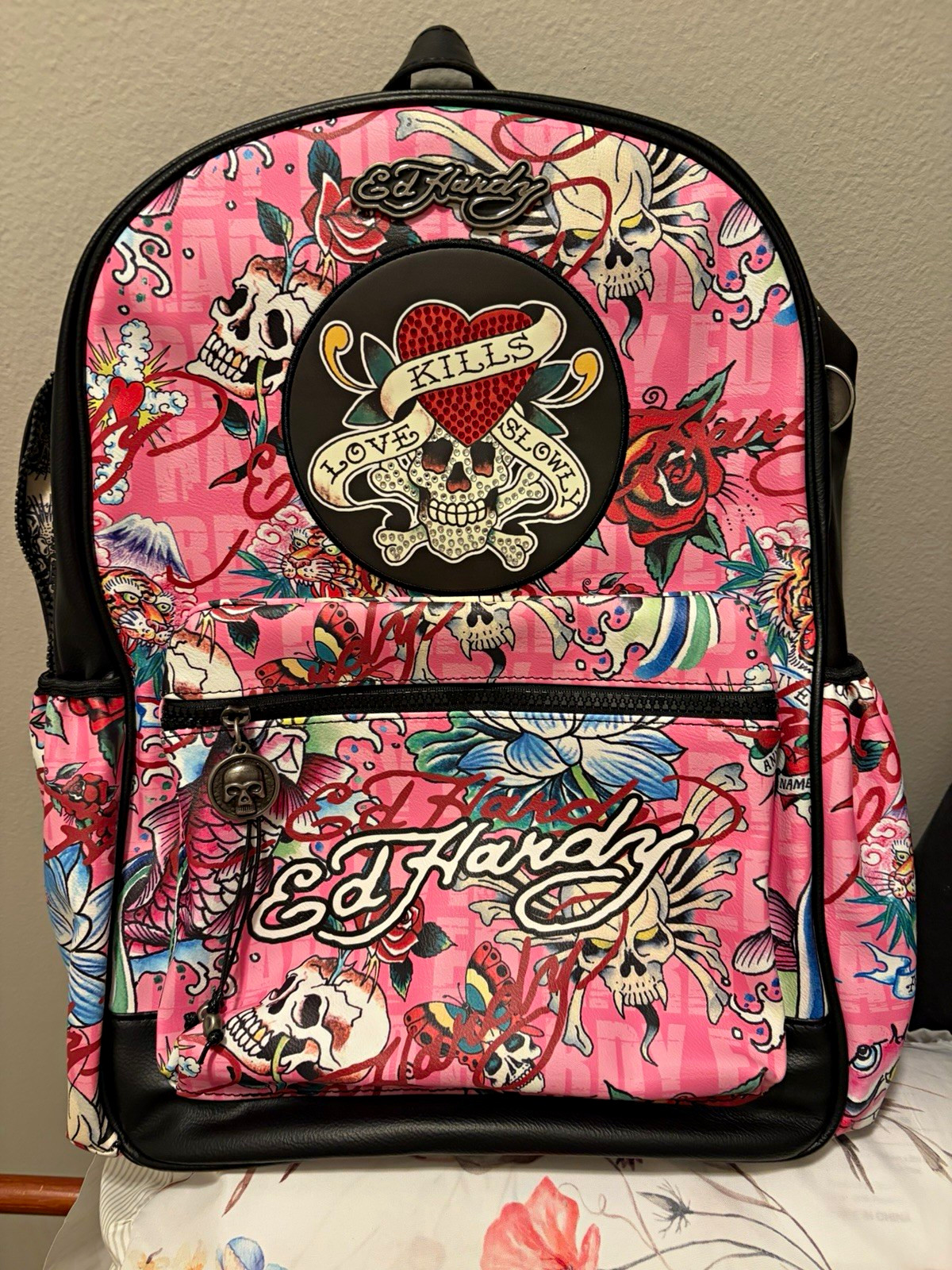 Ed Hardy Love Kills Slowly Pink Skull Floral Backpack Faux Leather Full Size