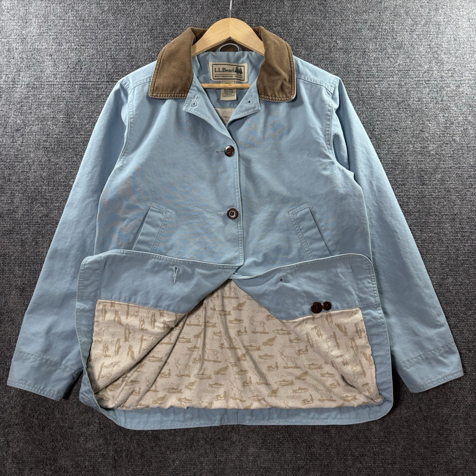 VTG L.L. Bean Barn Coat Jacket Women’s M Baby Blue Corduroy Chore Fish Lined