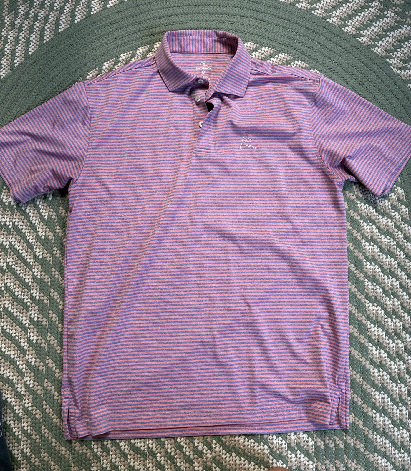 Rhoback Men\'s Performance Polo Shirt Blue/Pink Stripe, Size Medium, Golf