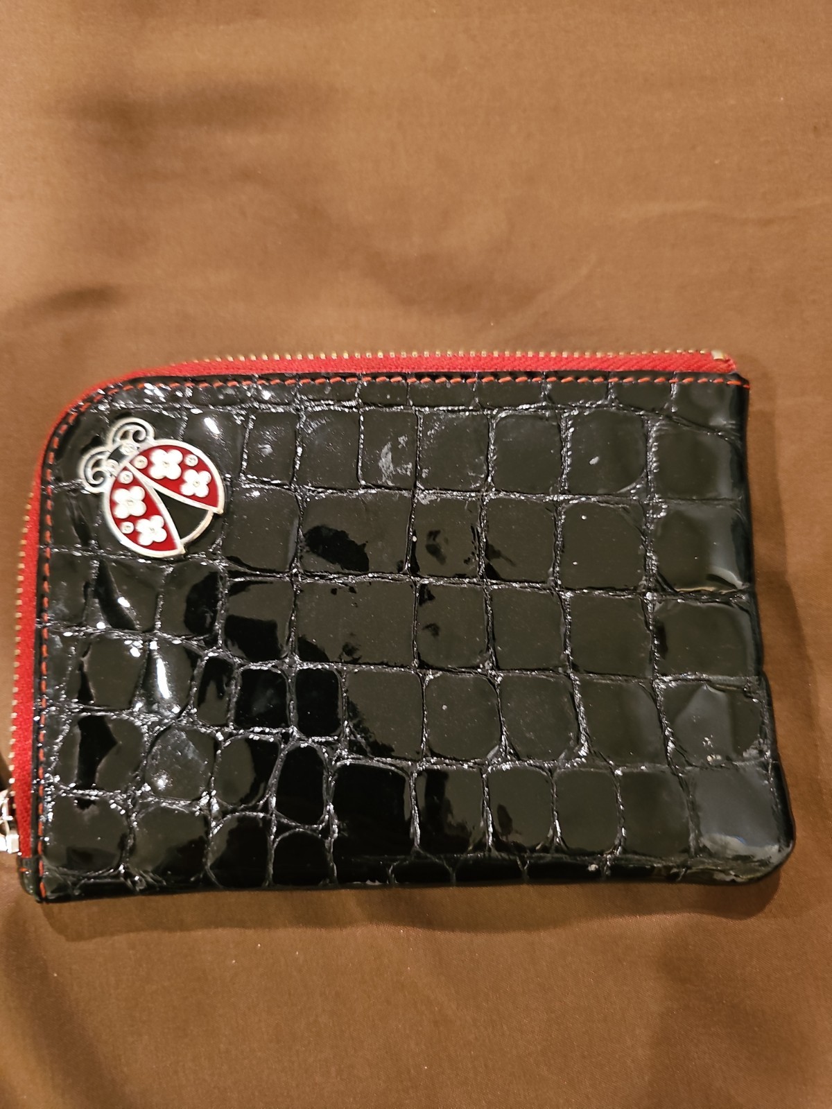 Brighton Leather Wallet Swarovski Crystals Ladybug Faux Black Croc, Card Slots