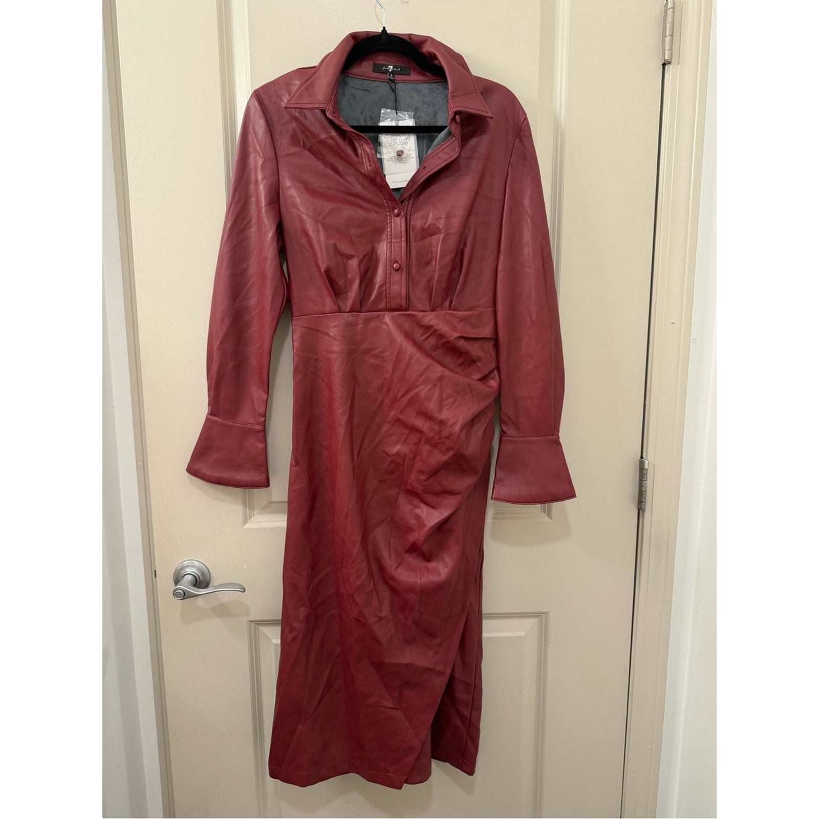 NWT 7 For All Mankind Long-Sleeve Faux Leather Dress in Deep Red Bell Sleeve