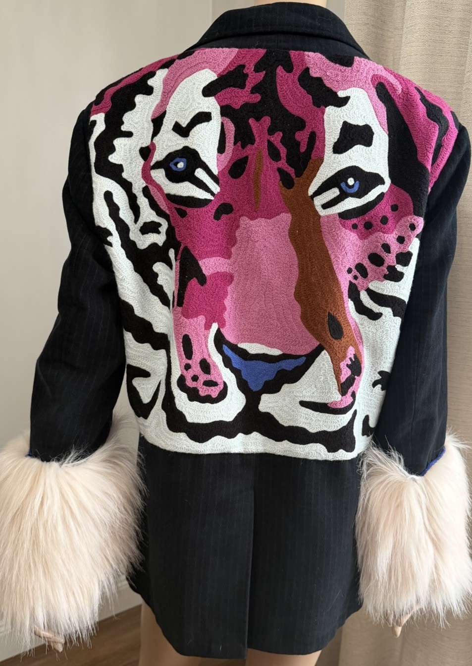 Upcycled Gap Pinstripe Blazer Jacket Sz M Custom Tiger Embroidery Faux Fur Cuffs