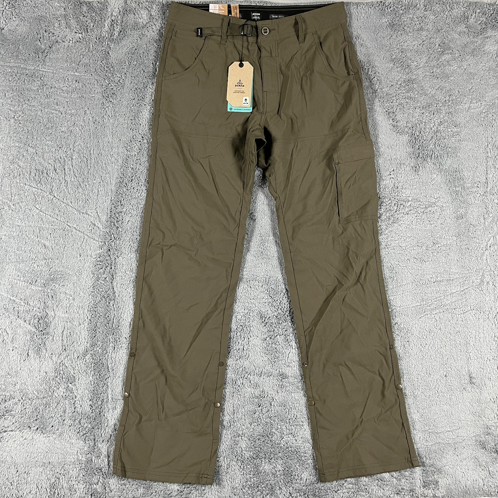 Prana Men\'s Stretch Zion Pant II Slate Green Hiking Outdoor 31x30 Roll Up Belted