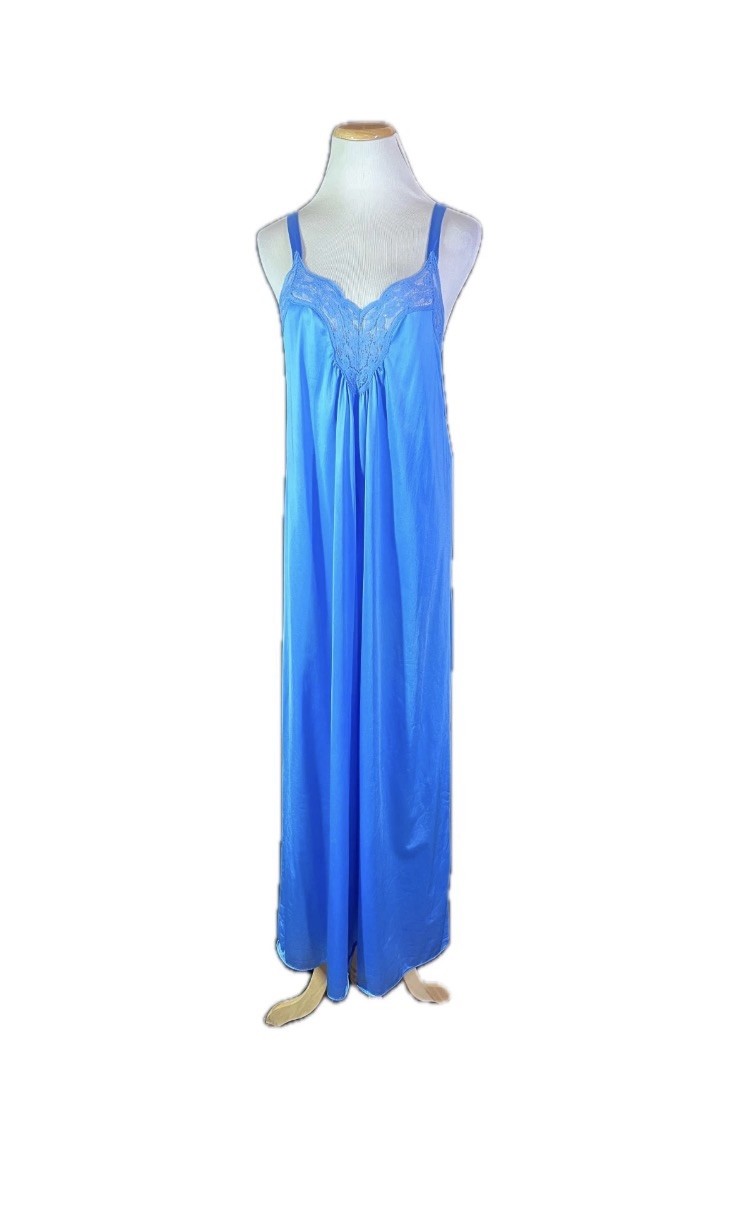 Vintage Vanity Fair Size S Long Blue Nylon Nightgown Sleeveless