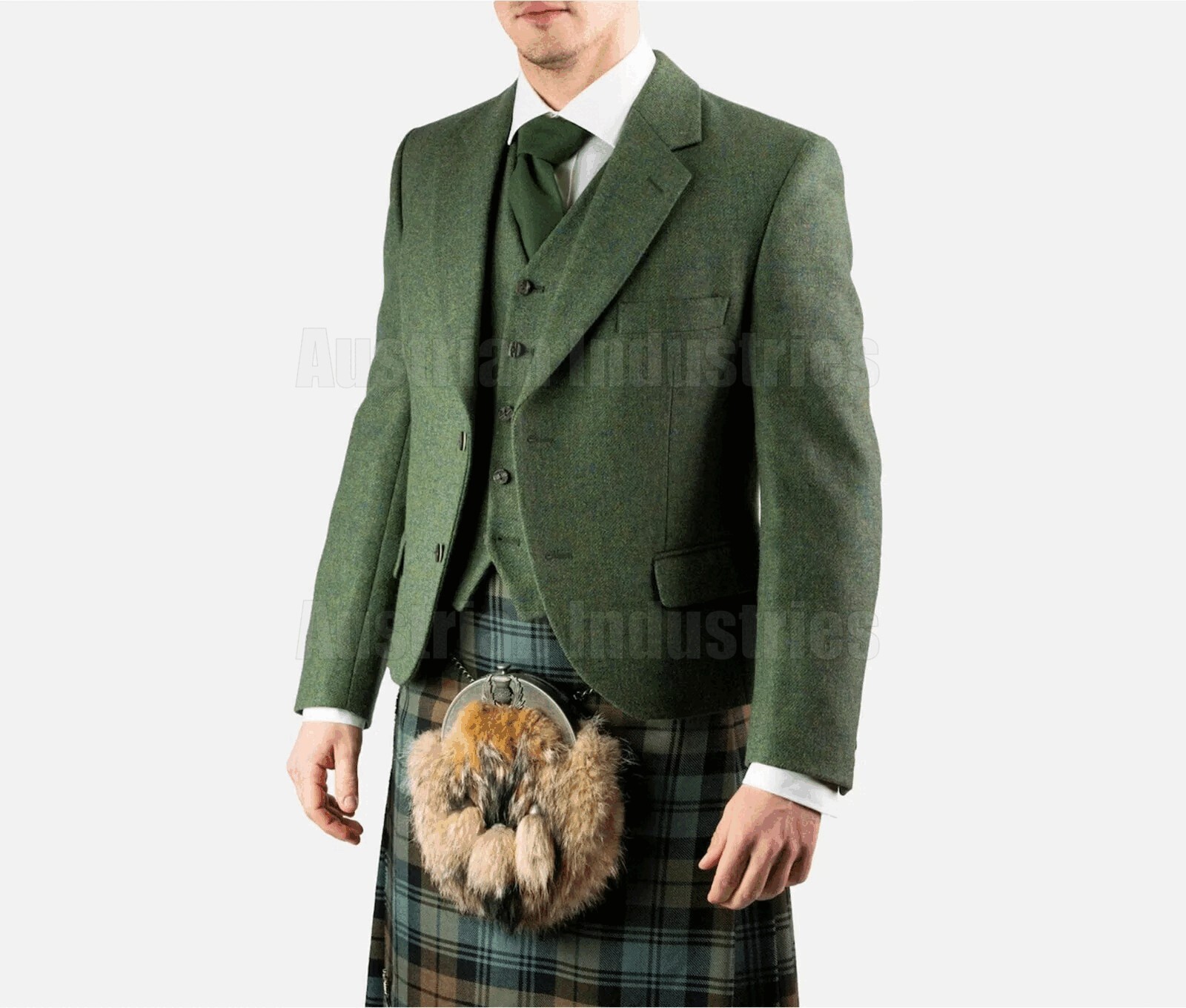 Scottish Men\'s Lovat Green Argyle Jacket Handmade Kilt Jacket With 5 Button Vest