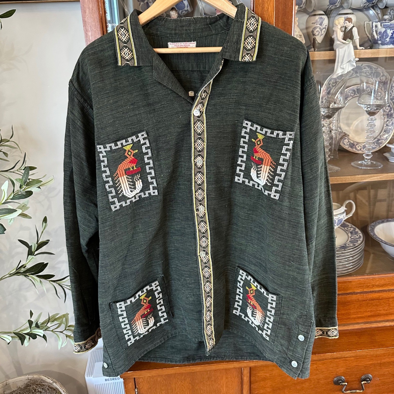 VTG 70s Guatemalan Hand Loomed Jacket Quetzel Bird Large Embroidered Boho Aztec