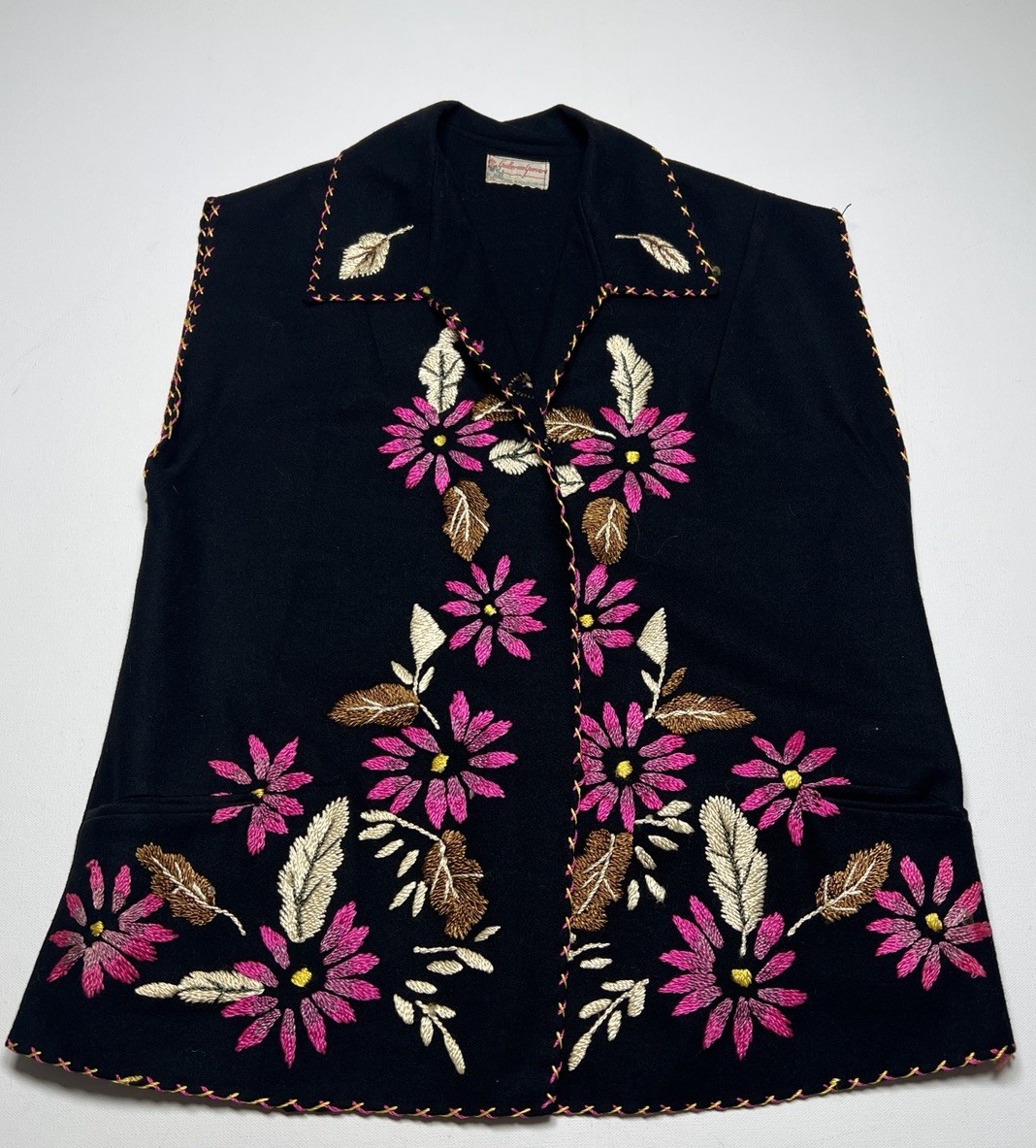 True Vintage Guillermo Guevara Vest Wool Embroidered Souvenir Mexico Large 40s