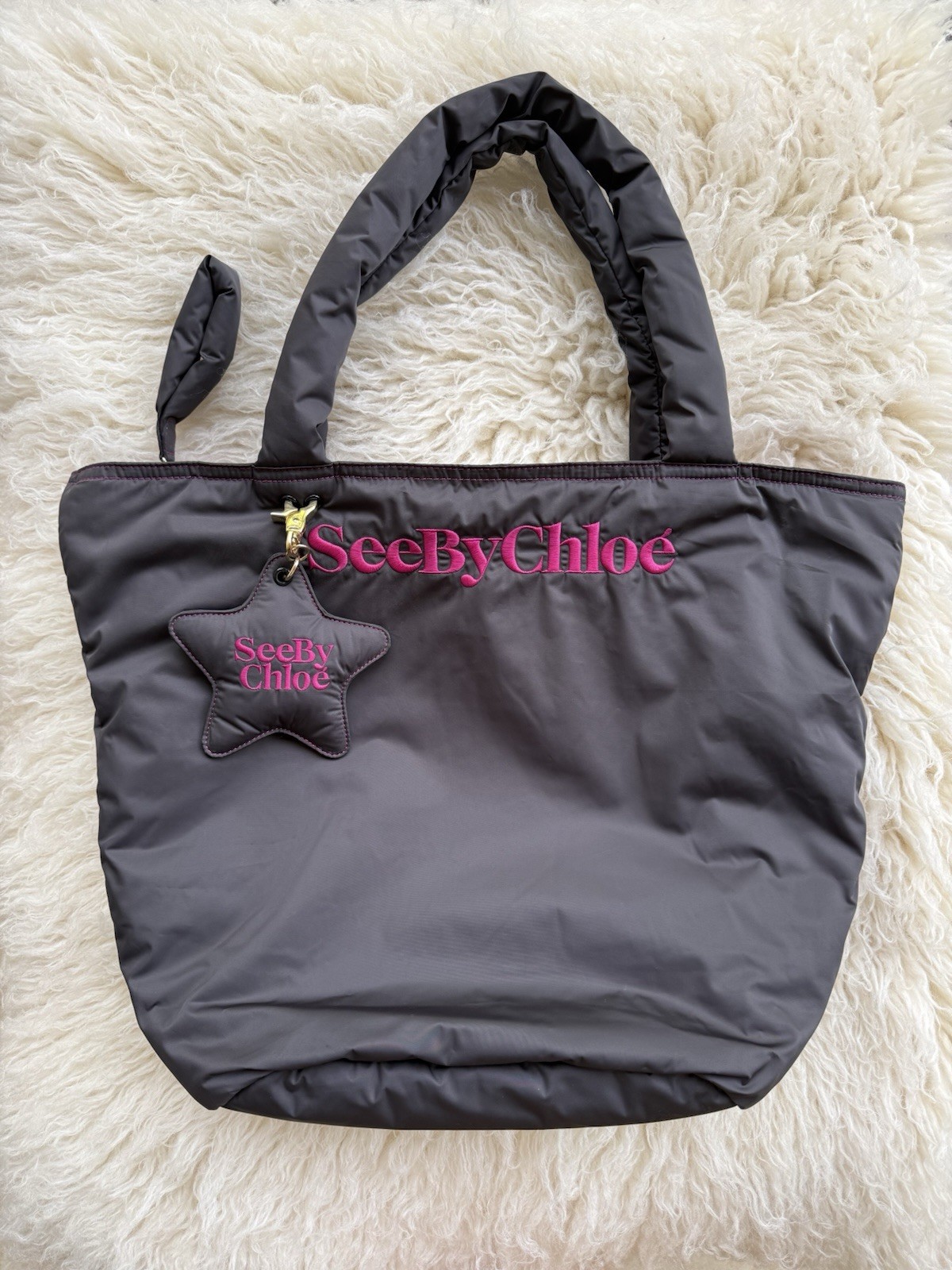 See By Chloe Gray Tote Shoulder Bag Pink Embroidered Logo Star Charm