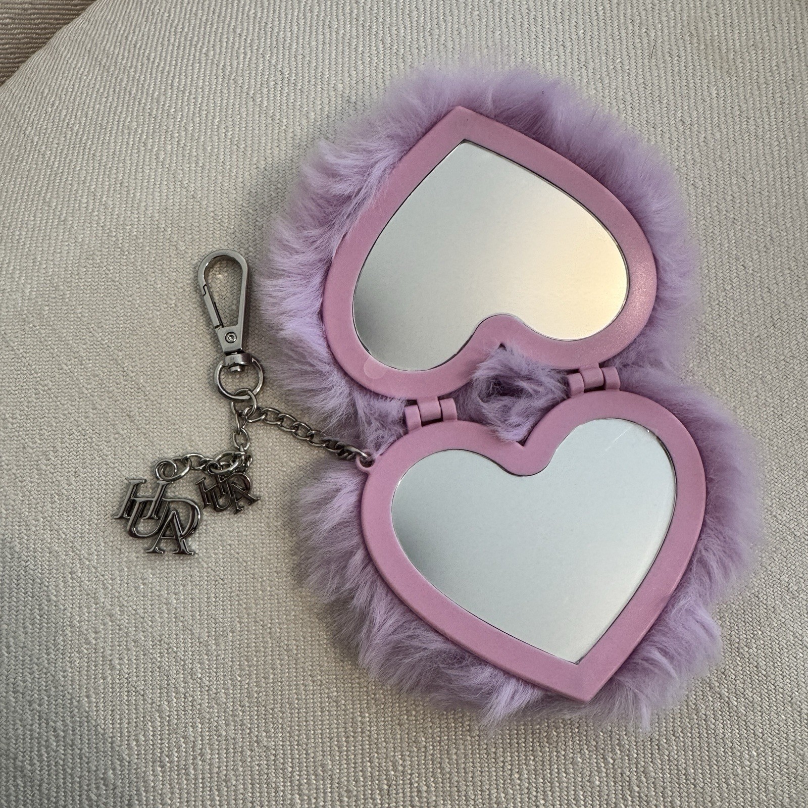 Huda Beauty Purple Heart Charm Key Chain Faux Fur Accents Mirror Keychain