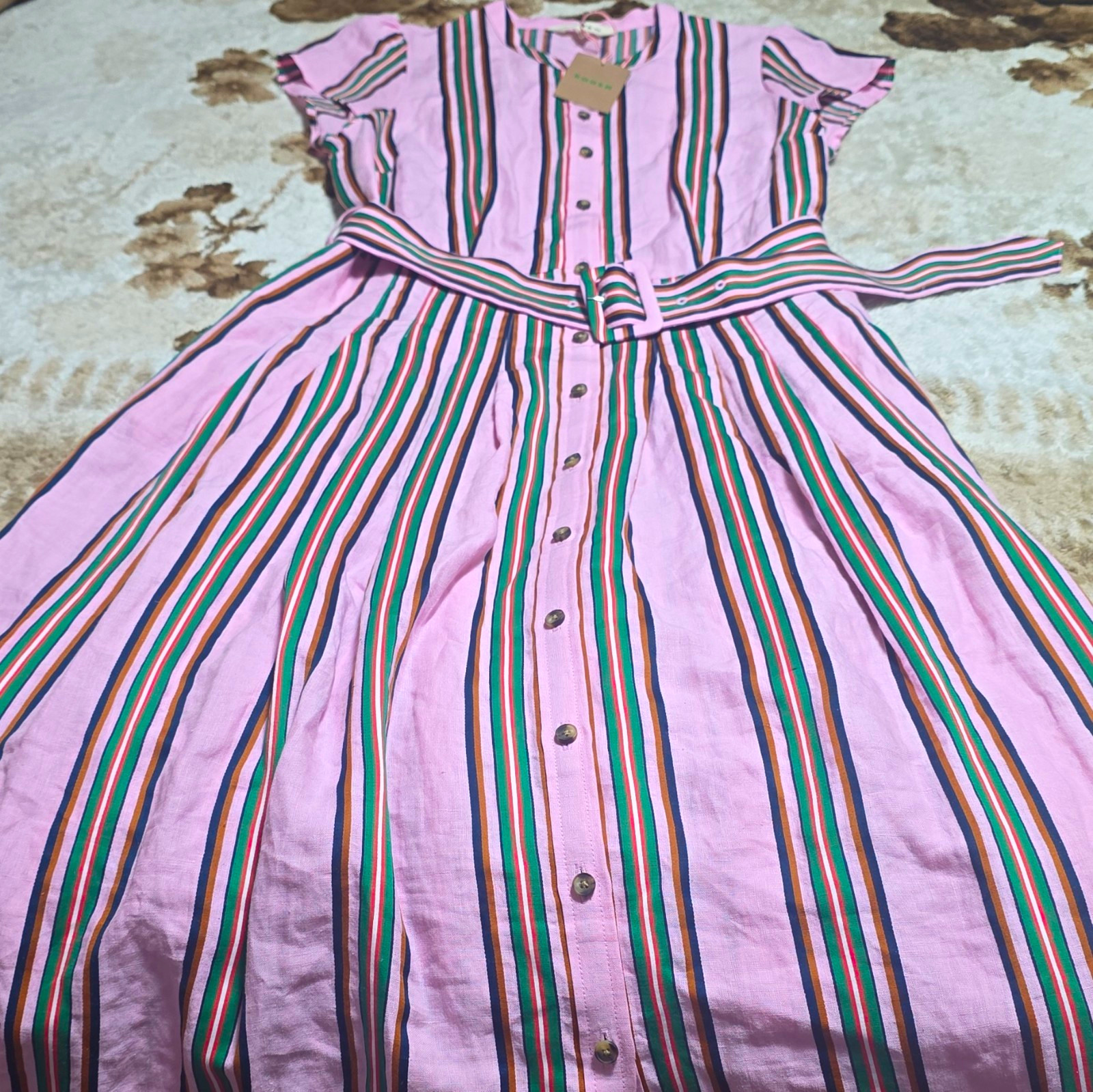 Boden Pink Striped Shirt Dress Collared Button Front Belted Midi Womens 8