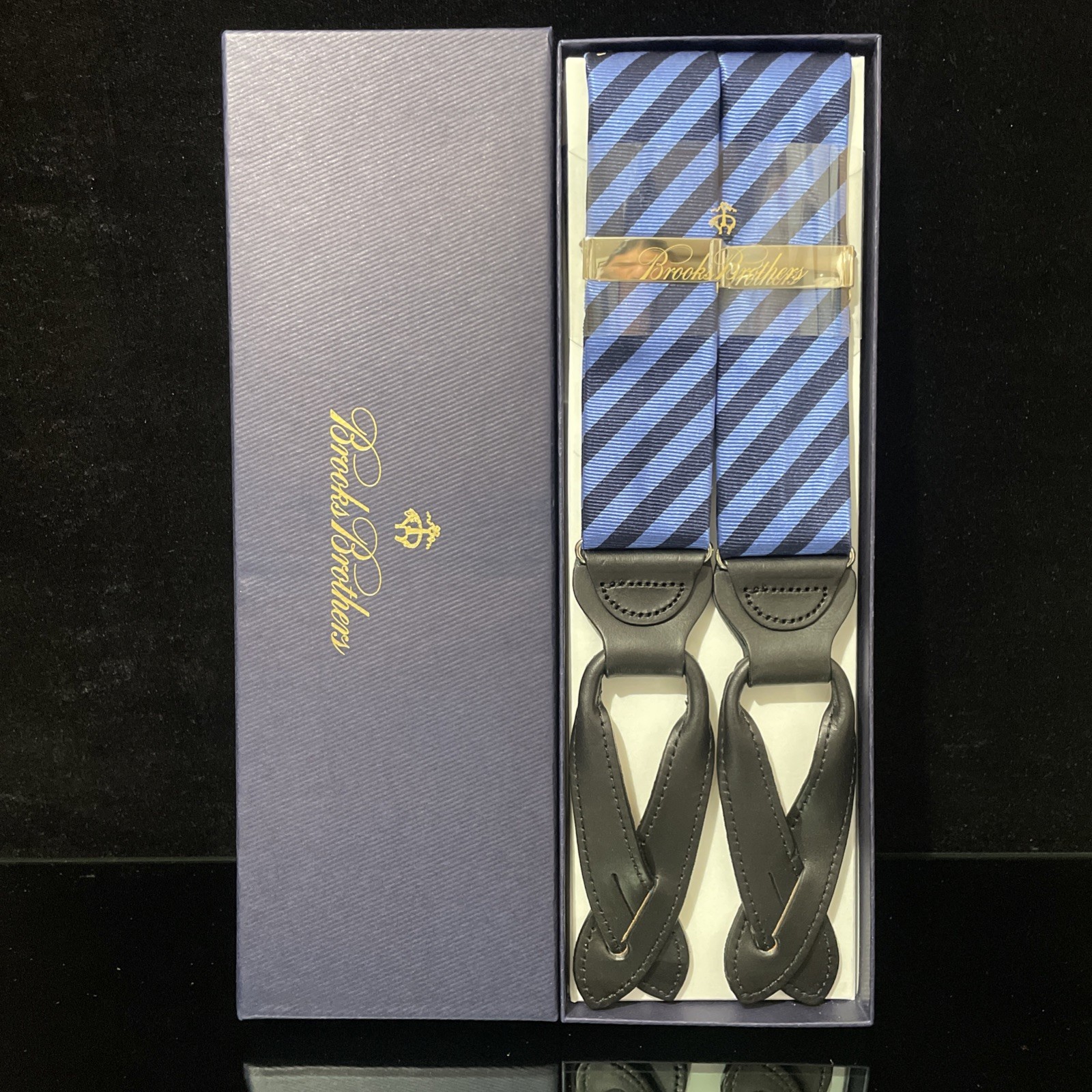 Brooks Brothers Suspenders Men\'s Braces BLACK BLUE Leather Adjustable NIB BB06