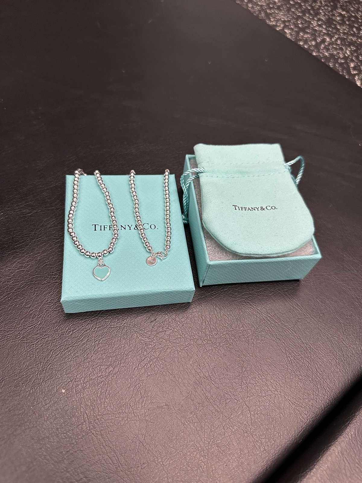 Tiffany Blue Heart Tag Bead Necklace in Silver, 18 inches length