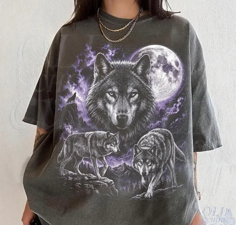 Vintage Wolf 90s Graphic T Shirt, Moonlit Wilderness Retro Spirit Tee