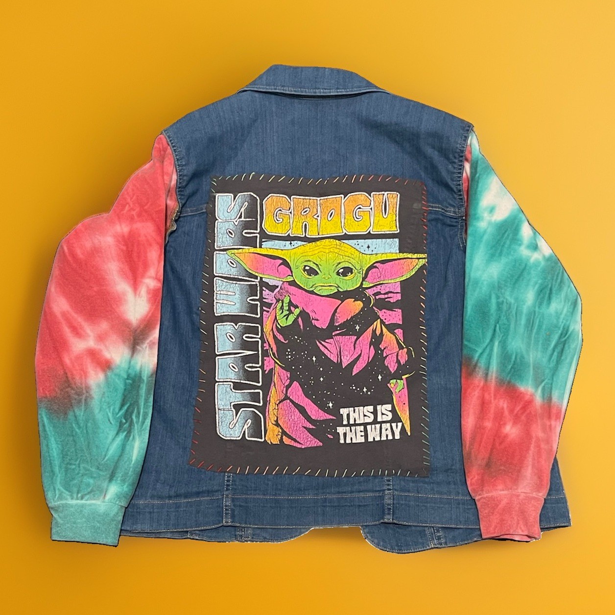 RARE OOAK Women’s Large Upcycled Denim Jacket Grogu Baby Yoda Tie-Dye Sleeves