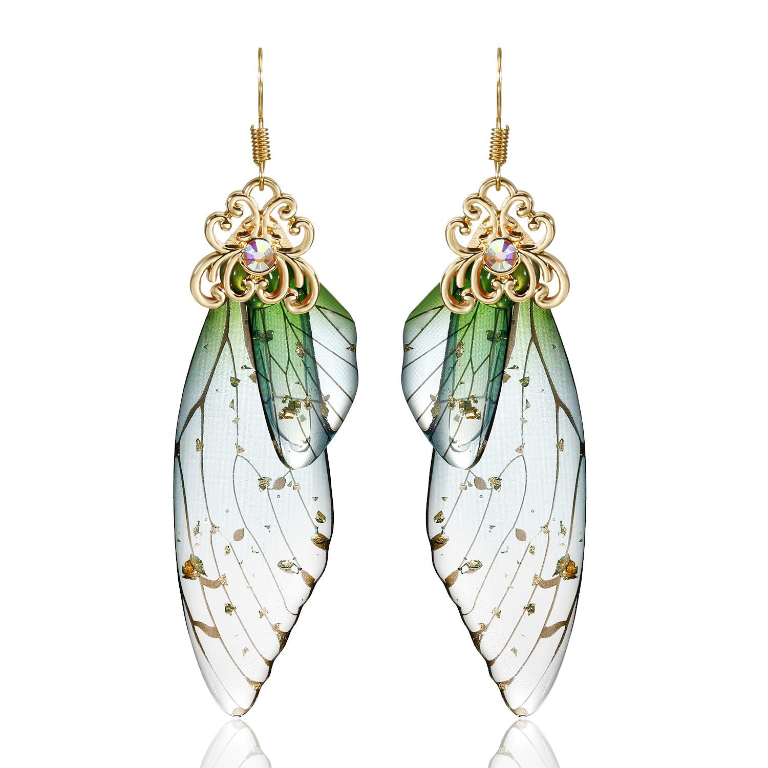 BELLA-Bee Butterfly Wing Drop Dangle Earrings Gold Plated middle, Green