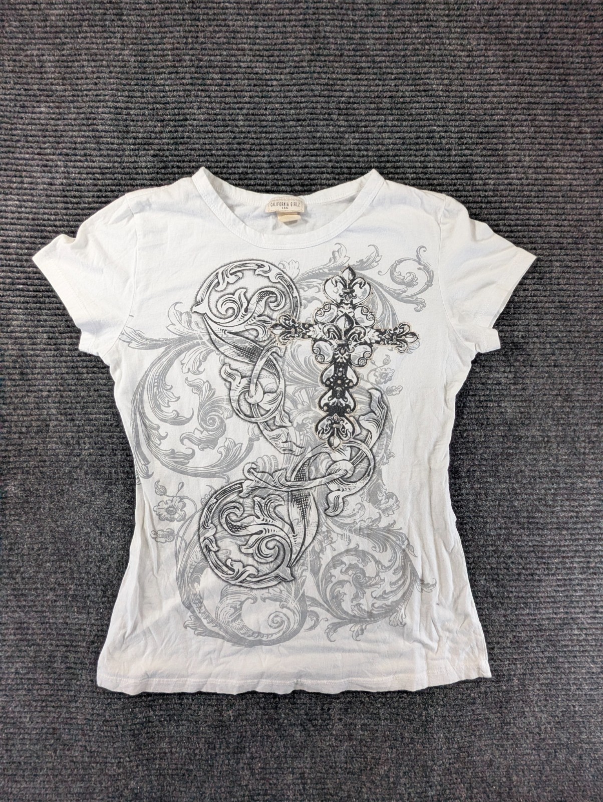 VTG California Girlz Shirt Women XL White Graphic Cross Fleur De Lis Gothic Crew