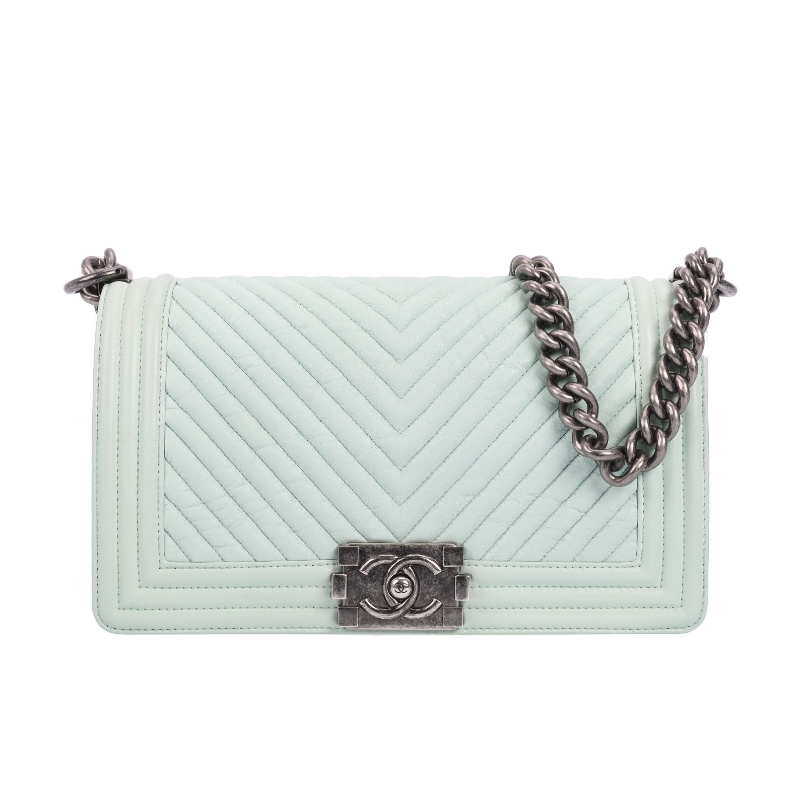 Pre-Owned Chanel Boy Light Blue Leather Shoulder Bag 23229547