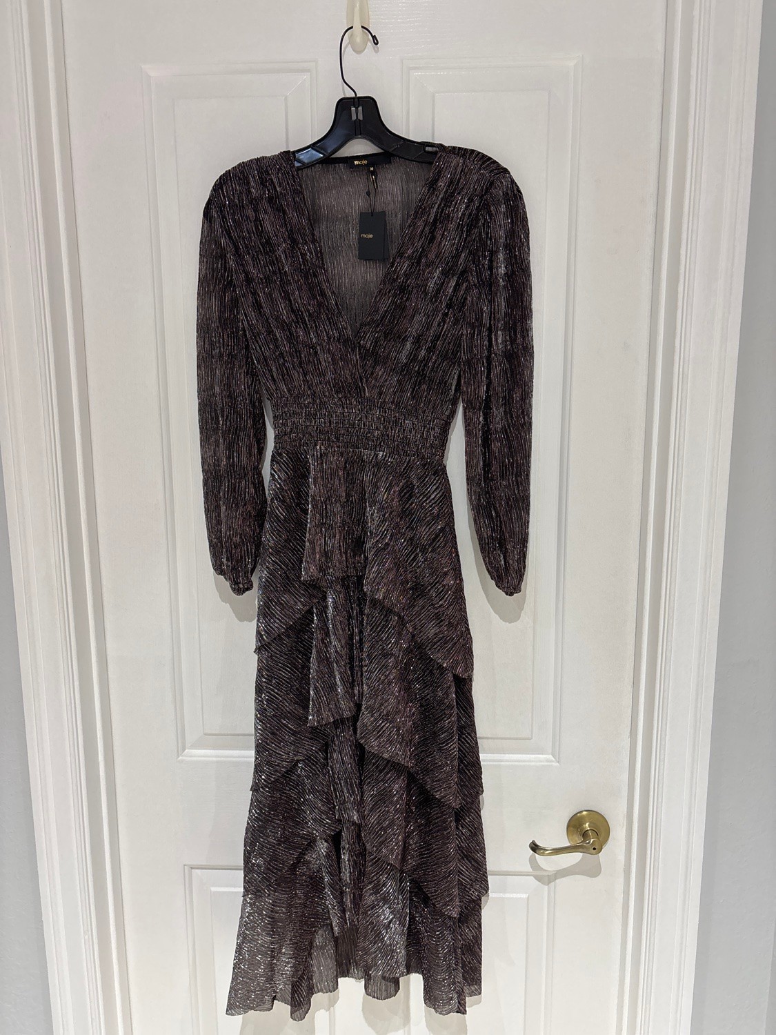 Maje Lurex Wrap Dress 36 US 4 Brown Metallic Tiered Ruffle Midi NWT $595