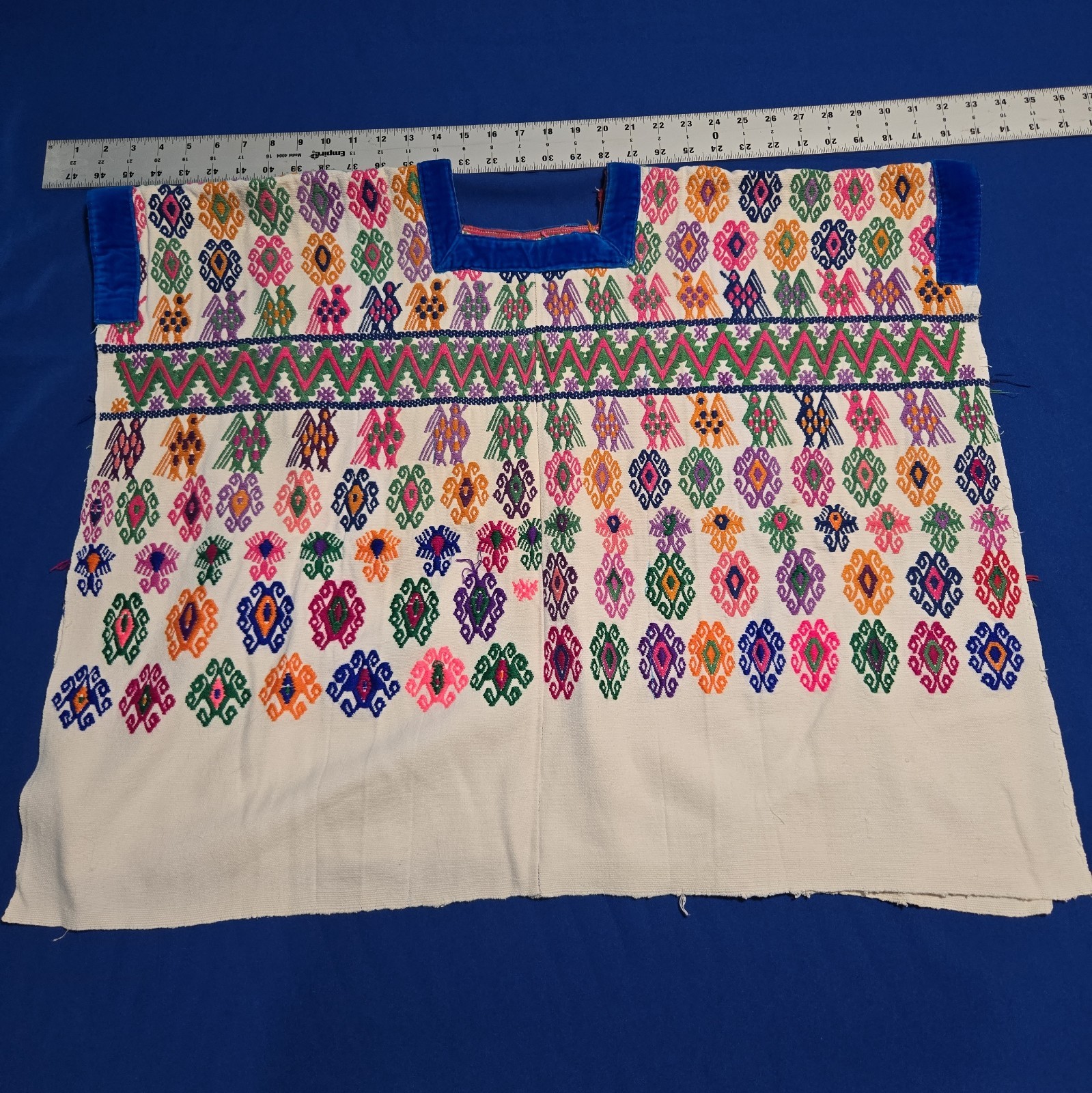 Vintage Guatemalan Huipil Handwoven Bird Diamond Brocade White Velvet Trim Blous