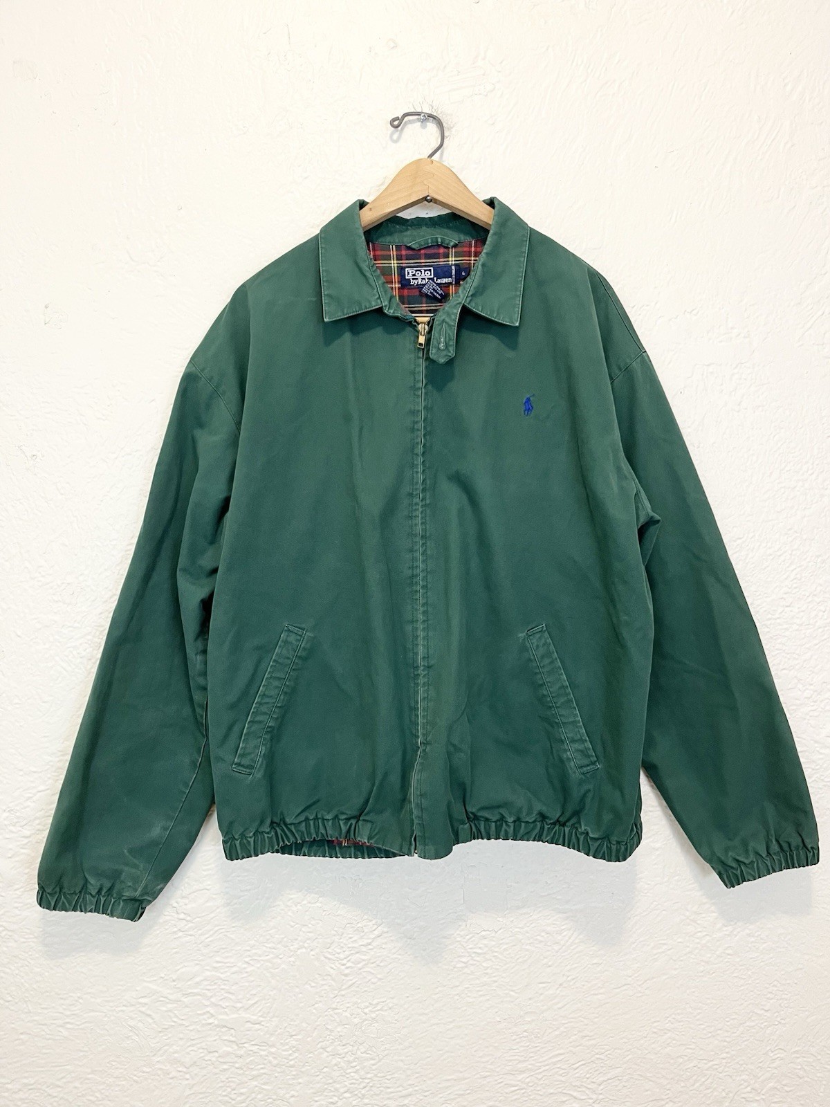 Vintage 90s Polo Ralph Lauren Harrington Bomber Jacket Green Flannel Lined L