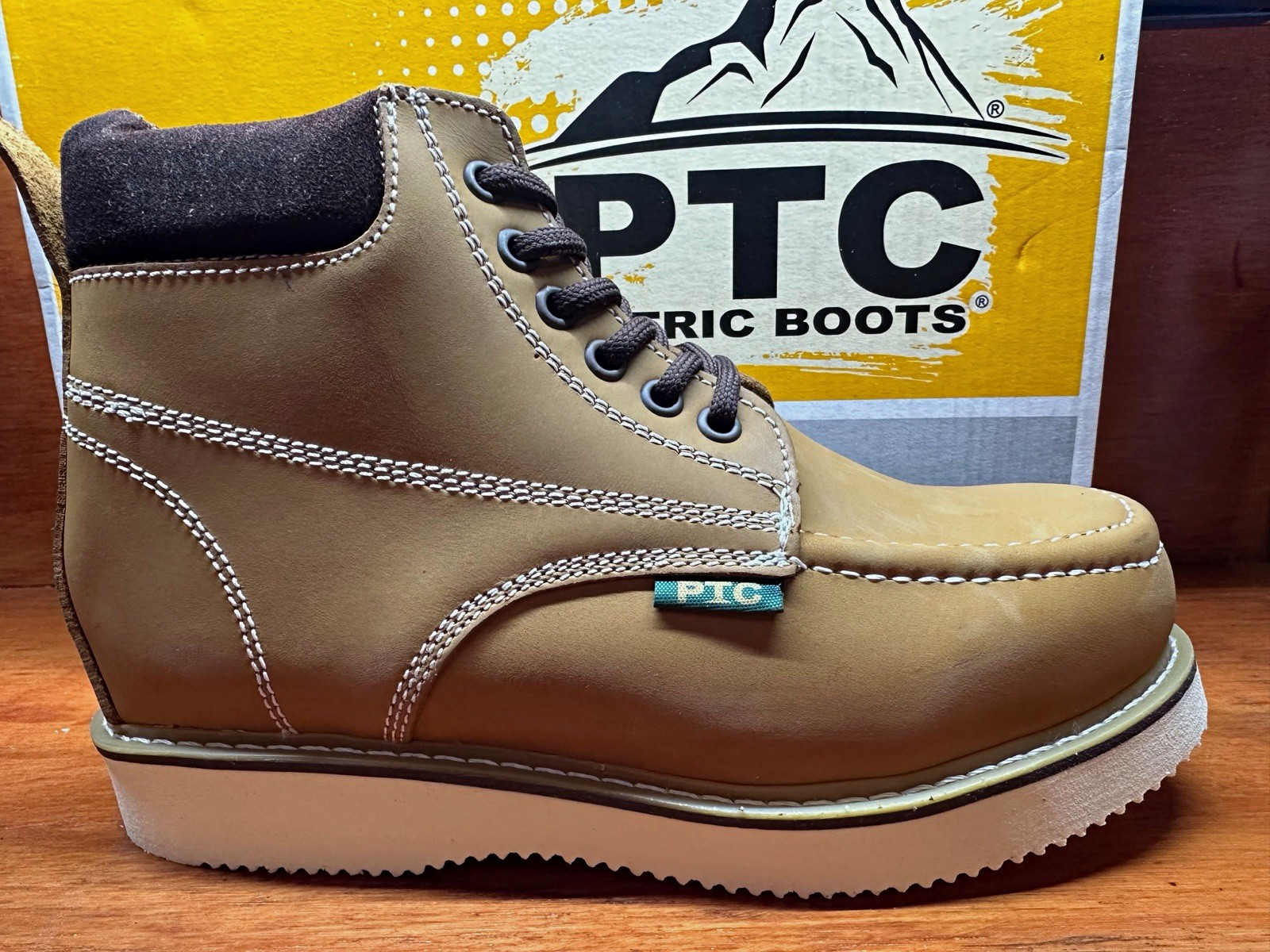 PTC Men’s Tan Leather Ankle Work Boots Round Toe Lace-Up US 6 New in Box