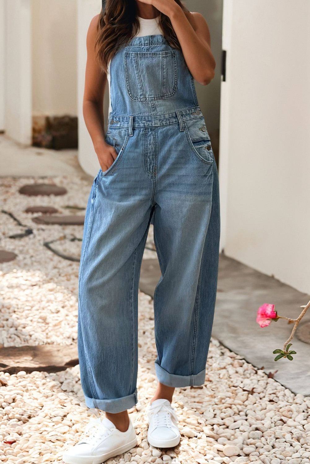 NWT Women’s Adjustable Buckle Denim Overalls Wide Leg Barrel 