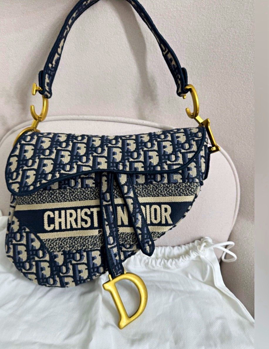 Dior Saddle Oblique Jacquard Canvas Shoulder Bag Blue Beige Gold HW Strap