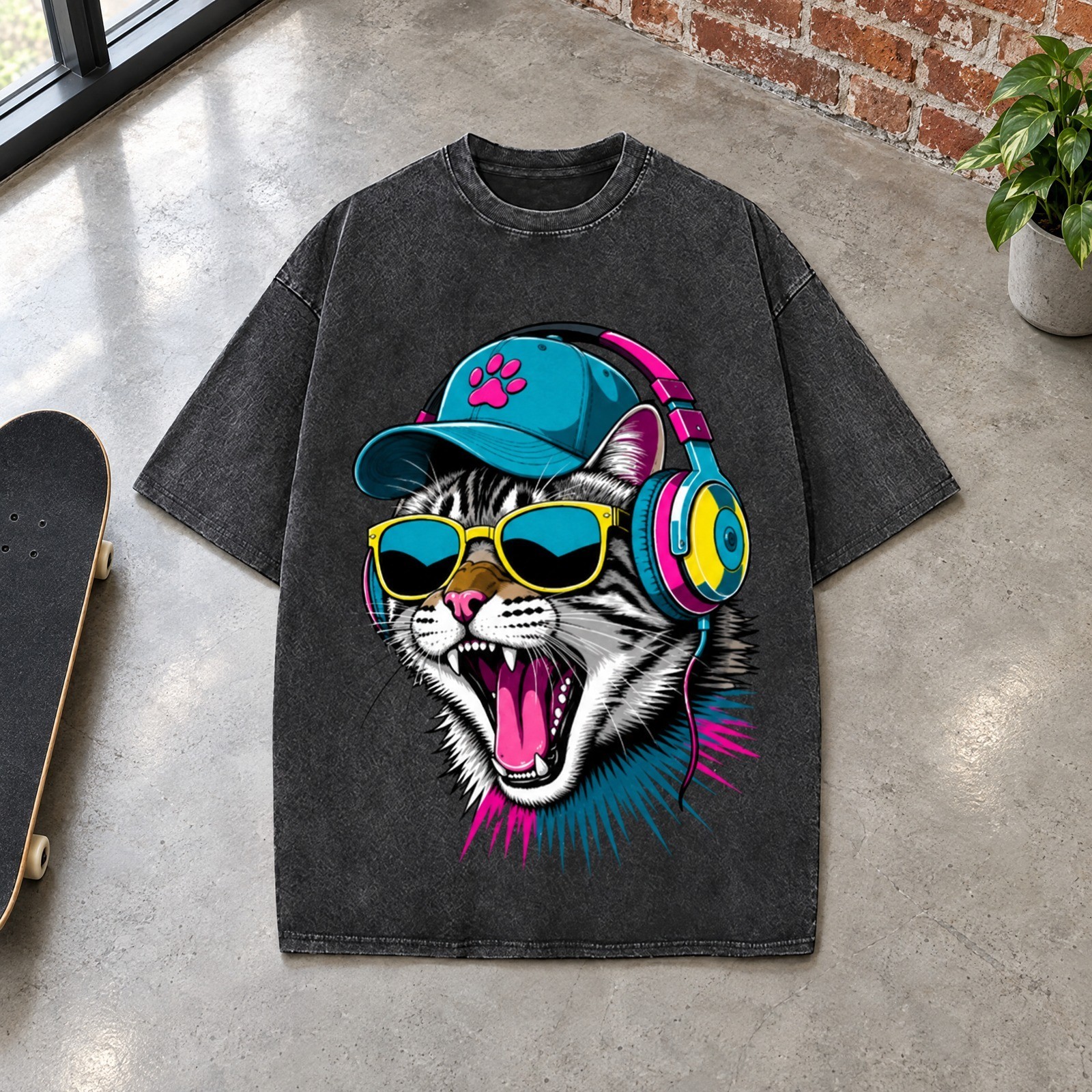 Men's Oversized Acid Wash DJ Cat Graphic Tee Y2K Hip Hop Streetwear Cotton Shirt