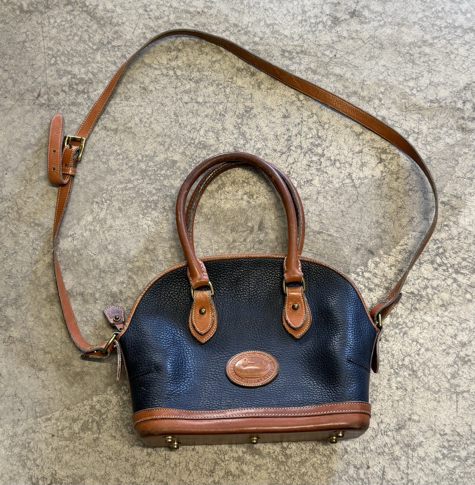 Dooney & Bourke Vintage Leather Navy Norfolk Handbag Satchel w Crossbody Strap
