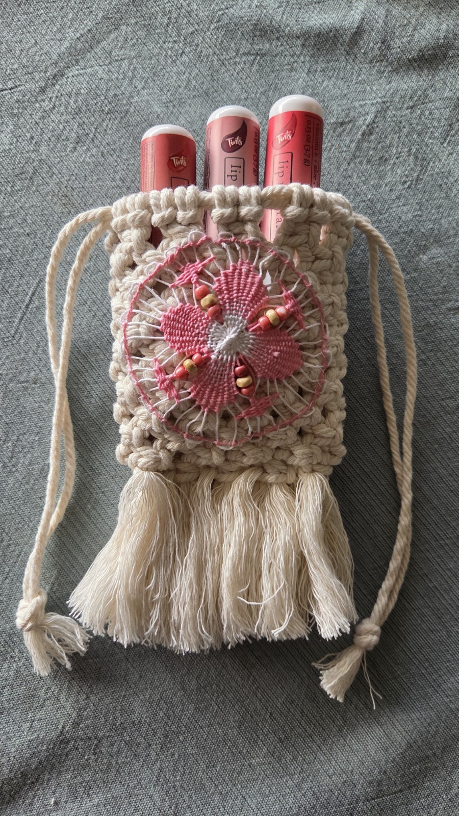 Handmade macrame Drawstring Pouch Bag, Beaded Fringe and ñanduti design