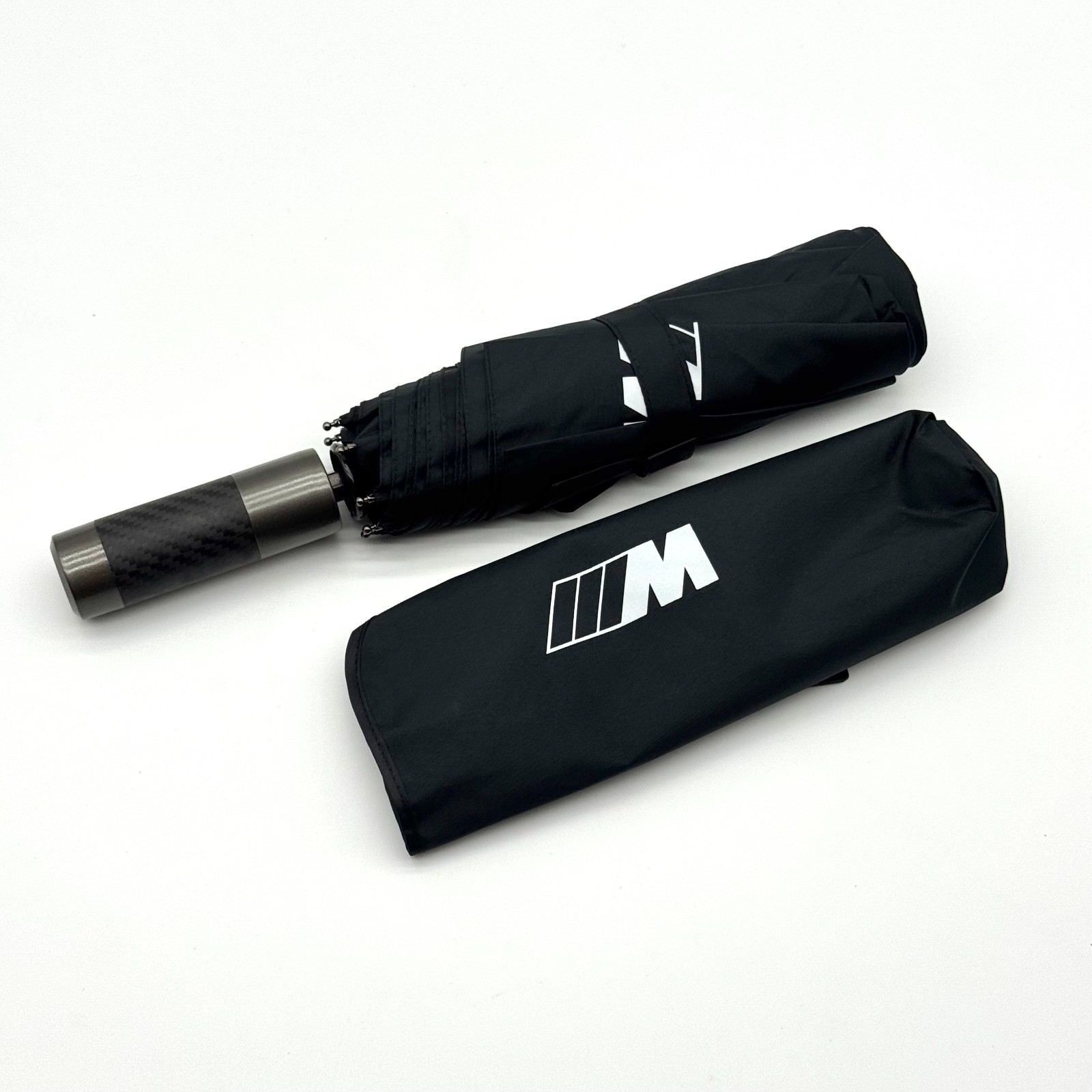 BMW M Folding Umbrella Black Carbon Pattern Handle Auto Open Close NWT