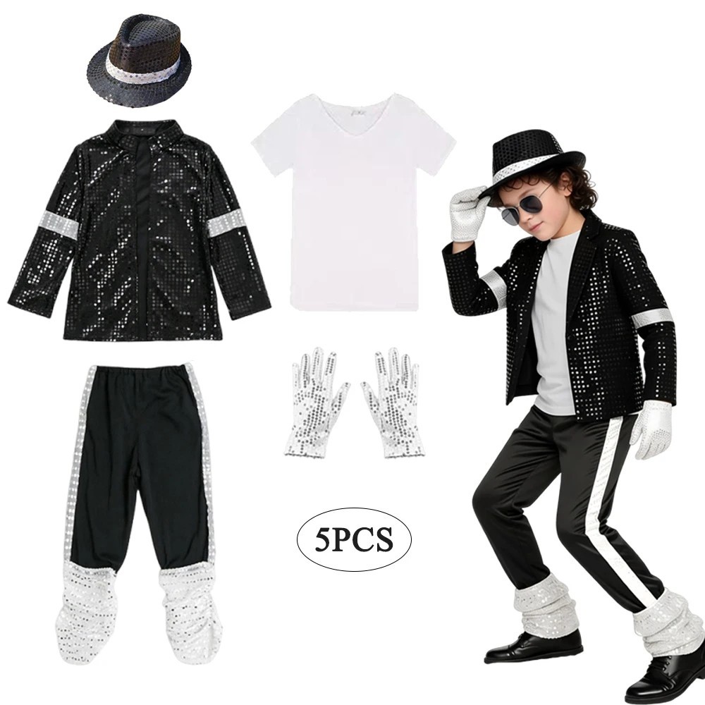 Kids Boys Michael Jackson Billie Jean Cosplay Black Suit Fancy Dress Up Costume