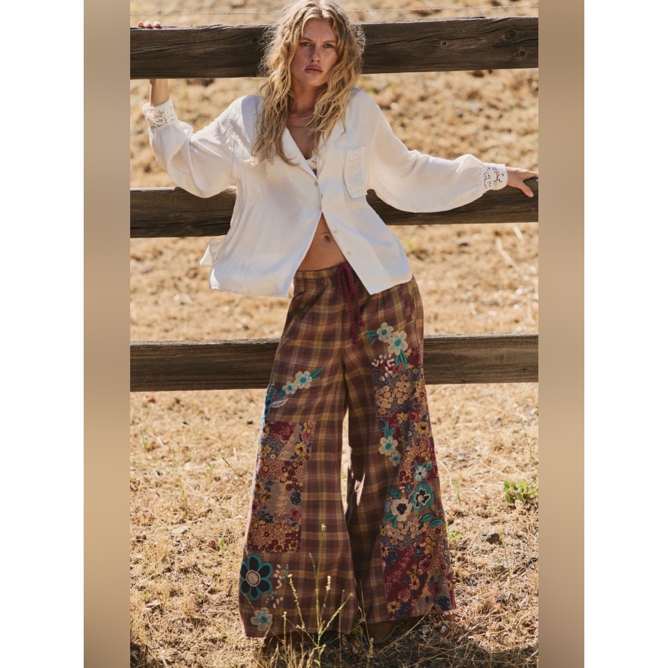 Free People Brooks Embroidered Wide Leg Patchwork Plaid Pants M NWT Rare