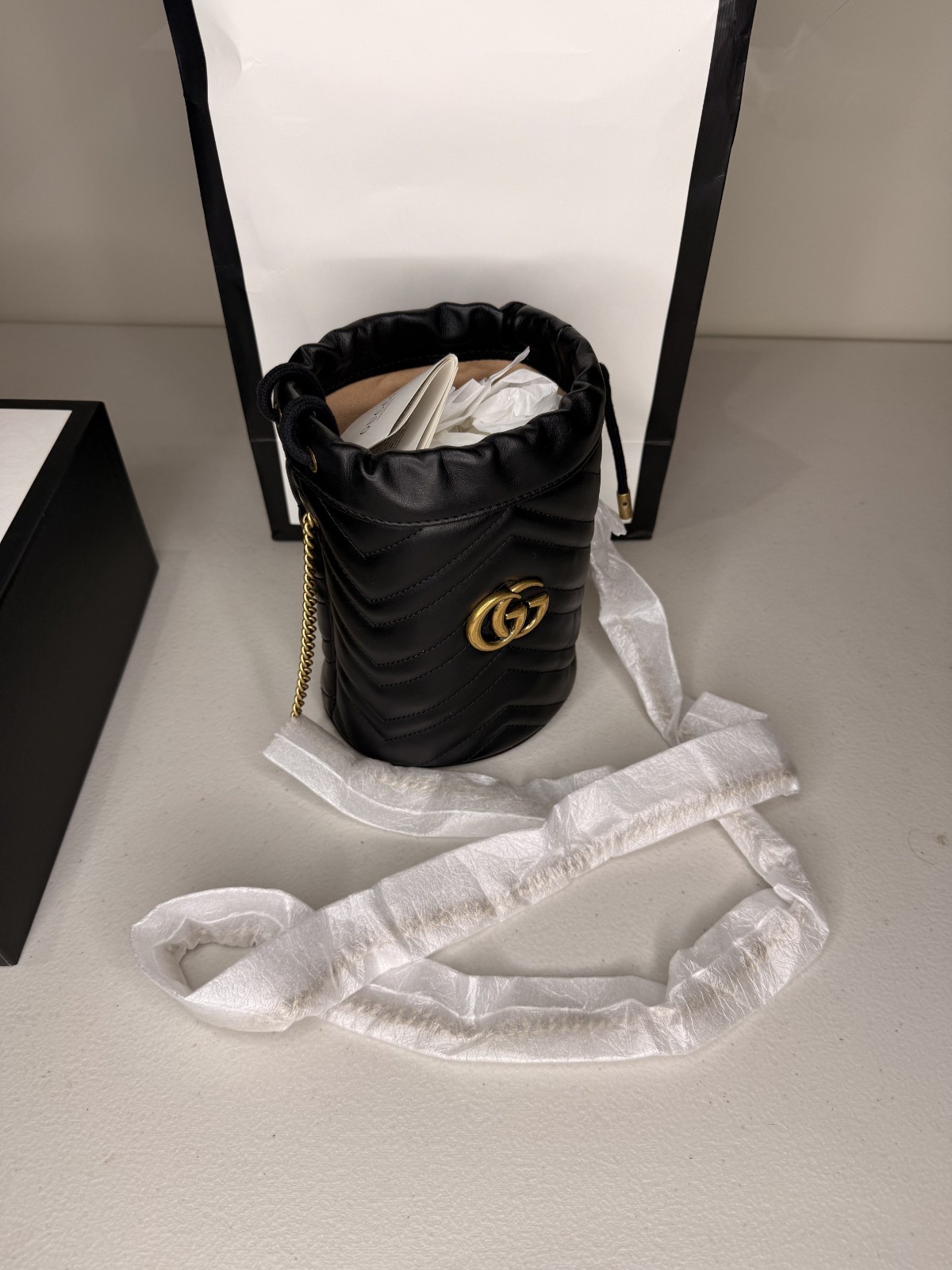 Gucci GG Marmont Small Bucket Bag Black Leather Gold Hardware NEW w/ Box