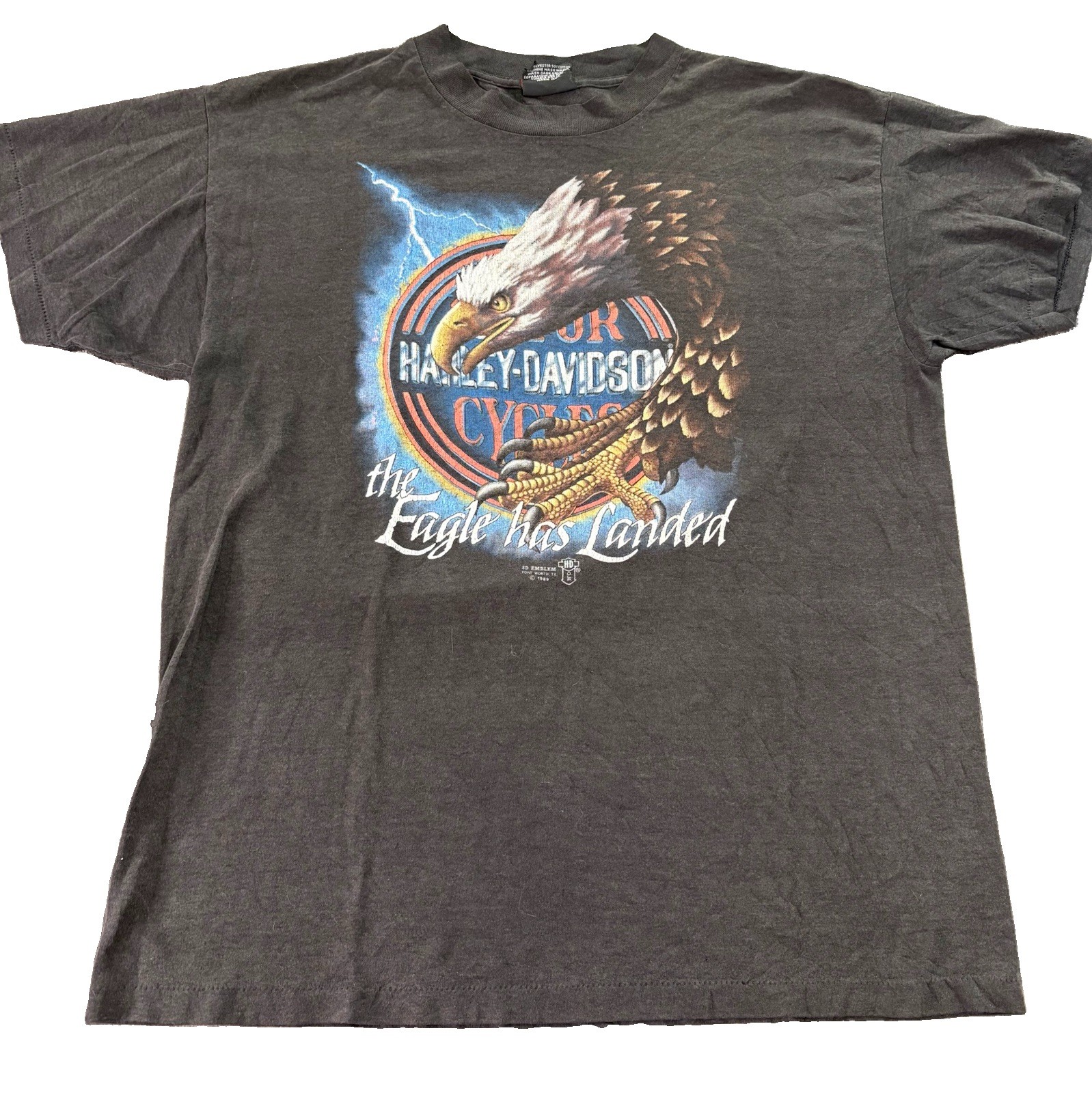 Vintage 1989 Harley Davidson Eagle Has Landed 3D Emblem Shirt Men XL 50/50 Black
