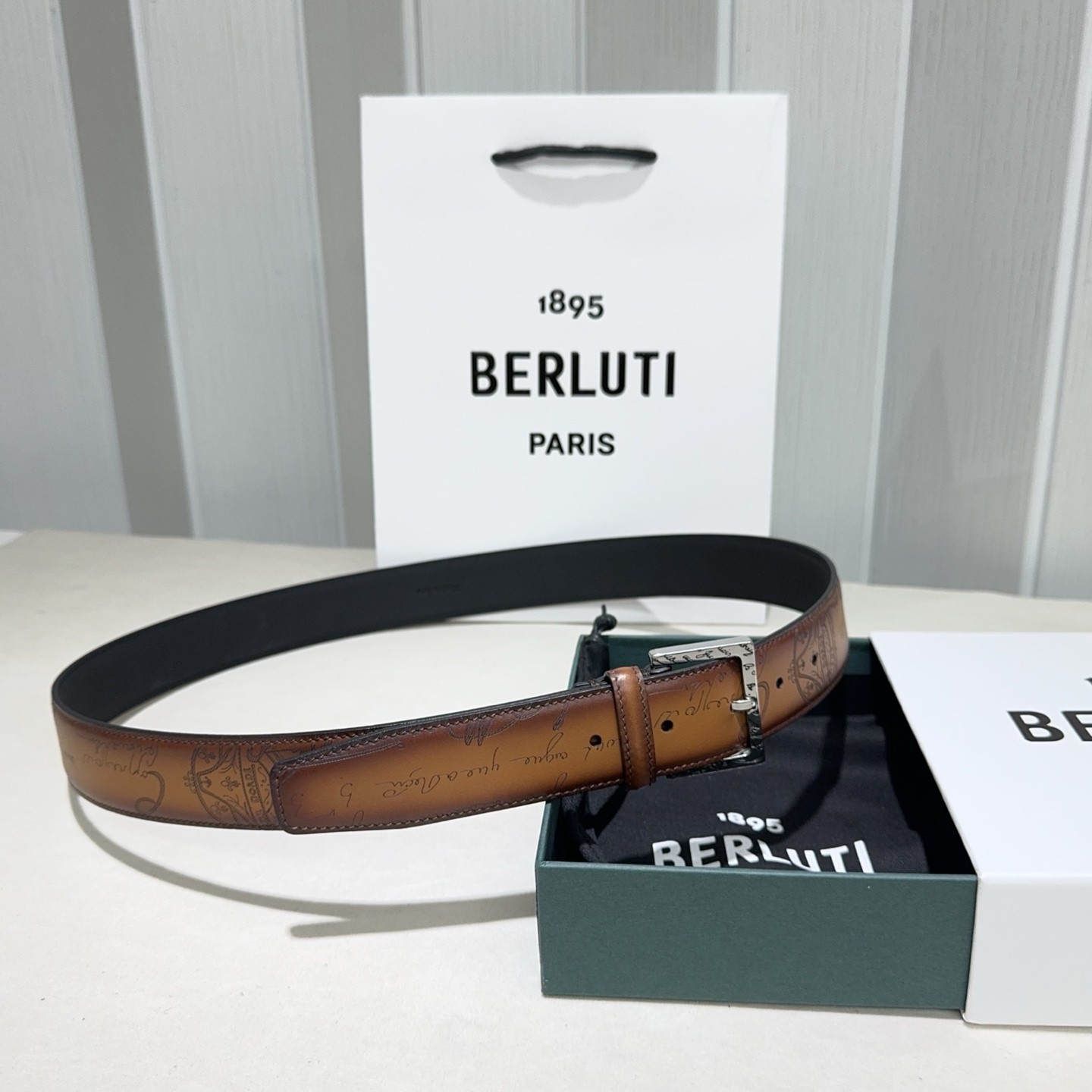BERLUTI Scritto Men\'s Brown Leather Belt Silver Buckle With Box