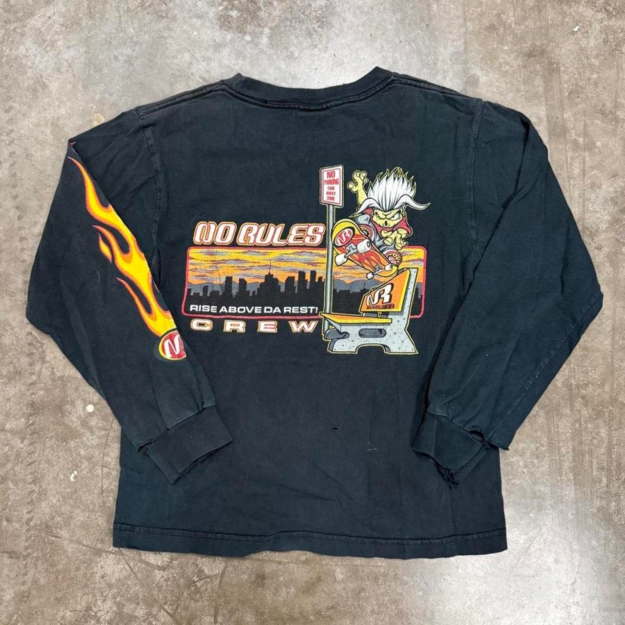 Vintage No Rules Skateboarding Shirt Y2K Thrashed Grunge Flame Sleeve Size 9