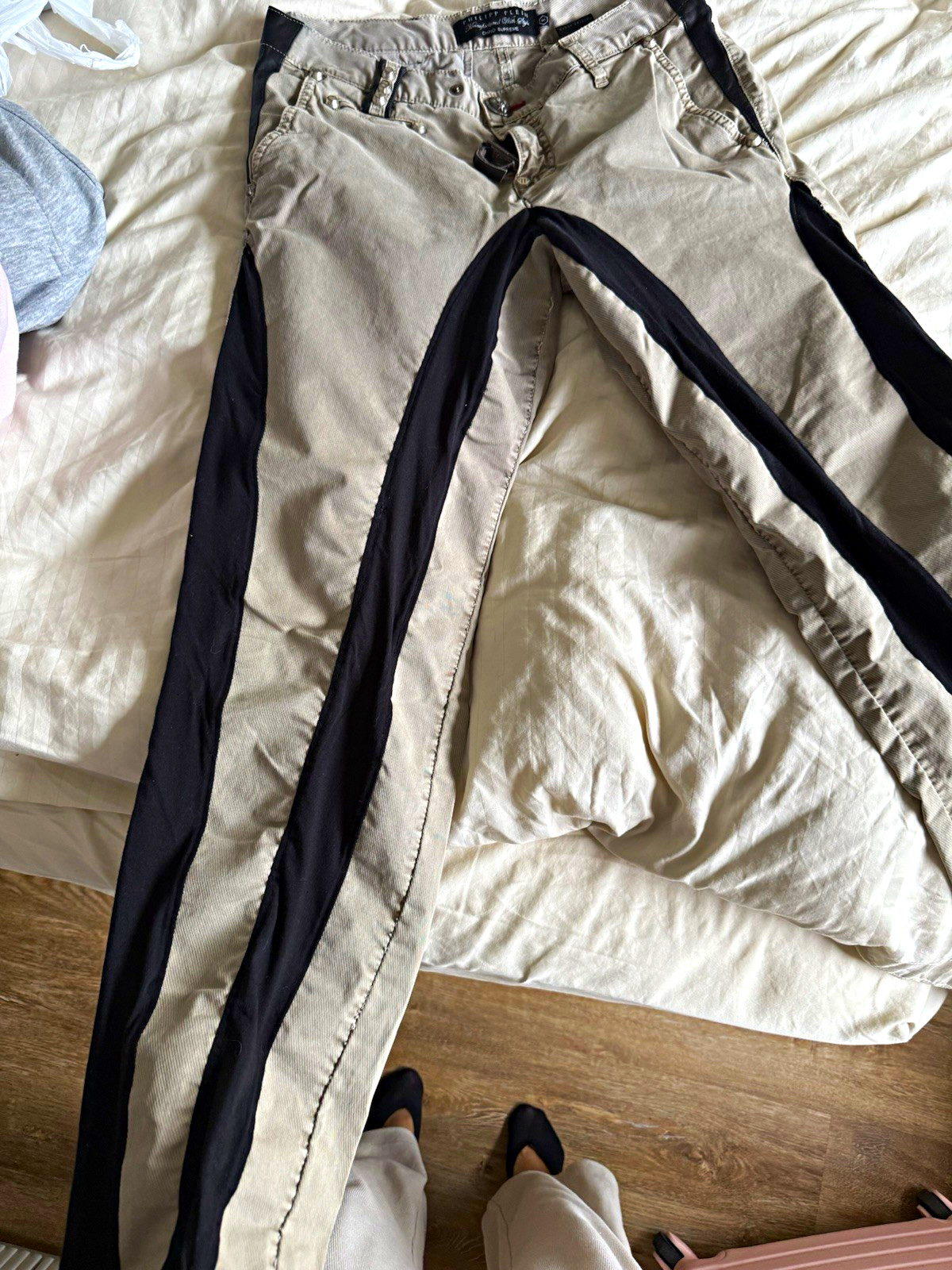 Philipp Plein Men’s Beige/Black Solid Chino Pants Size S Logo Pockets