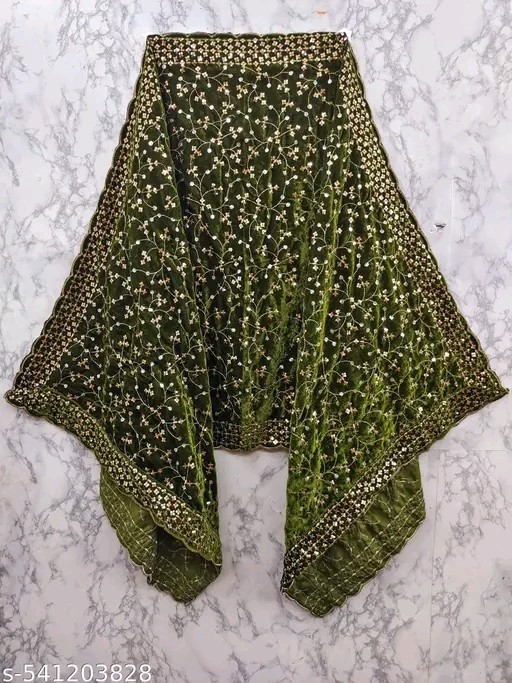 Green Embroidery Velvet Dupatta For Bride And Women Velvet Shawl Odhani Veil